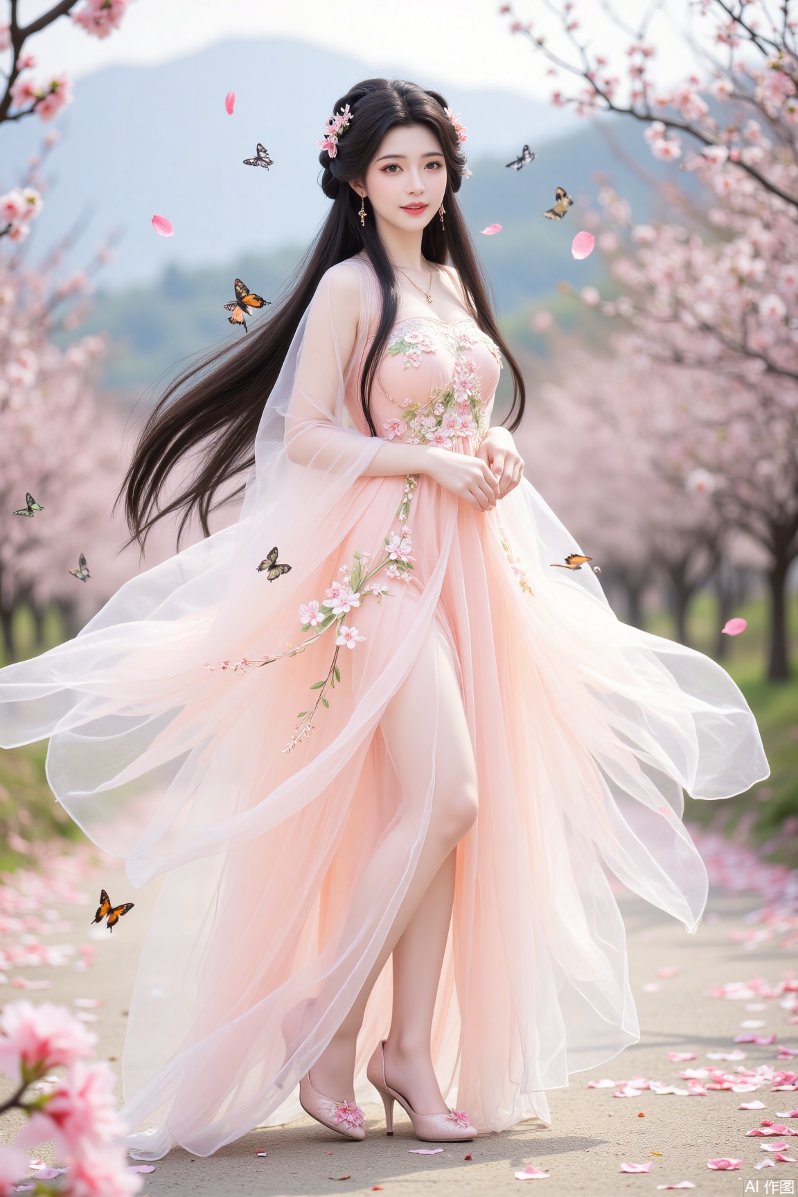 
An ancient fairy with flowing black hair like a waterfall, adorned with a cherry blossom hairpin, with pink butterflies fluttering in her hair, adding softness and liveliness. She wears a pink gauze dress embroidered with blooming cherry blossoms and tender green willow leaves, paired with exquisite pink high heels, showcasing the romance and elegance of spring. Standing in a cherry blossom forest, with petals falling like rain, butterflies fluttering among the petals, as if sharing the beauty and dreaminess of spring. Her expression is gentle and serene, her eyes filled with a faint smile, as if savoring the poetic moments of spring.

The background is falling cherry blossoms and distant green mountains, creating a sense of romance and dreaminess.