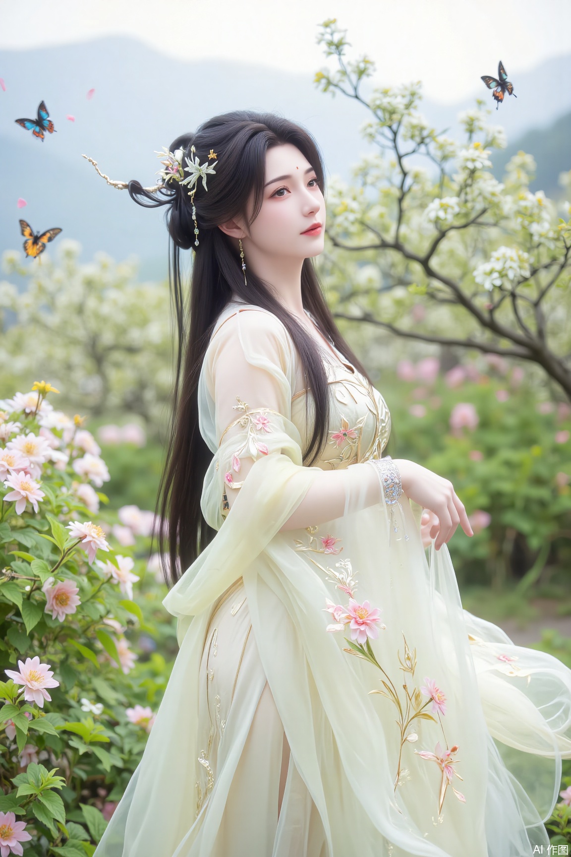 A long-haired woman stands in a dream garden, gazing into the distance, as if playing a silent solo. Her black hair cascades like silk, adorned with exquisite hair ornaments, with a few butterflies dancing among her hair strands, as if attracted by her beauty. She wears a floral-printed Hanfu, embroidered with magnificent floral patterns, the silk fabric shimmering with soft light in the dream.

Her full-face appearance is exquisitely beautiful, her eyes as deep as stars, exuding a sense of mystery and gentleness. Her makeup is subtle, her lips as pink as cherry blossoms, her mouth slightly curved with an enigmatic smile. Her wrist is adorned with a shimmering bracelet, swaying gently with her movements, emitting soft, crisp sounds, as if accompanying her silent solo.

Surrounding her is a dream garden, where various exotic flowers are in full bloom, releasing faint fragrances, as if offering their most sincere blessings to her. The distant mountains are faintly visible through the mist, as if marking the boundary between reality and dreams.

The entire scene is imbued with surrealistic imagery, where the woman's gazing into the distance merges perfectly with the dream garden's atmosphere, as if she is the ruler of this realm. Her solo, though silent, is filled with power, as if it could pierce through time and space, touching the hearts of every observer.
