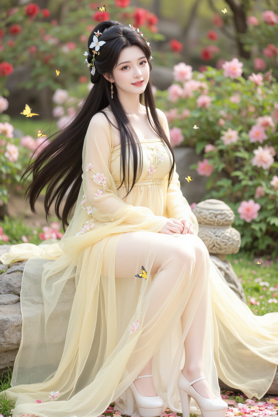 
Amidst a blooming flower garden, an ancient fairy sits gracefully in a side-sitting pose at the center of the scene. Her black hair gently cascades, adorned with a few dancing butterflies, as if dancing with the summer breeze. She wears a pale golden gauze dress, embroidered with delicate summer flower patterns, the light fabric flowing with the wind, resembling a fairy in the summer flower sea. At her feet, a carpet of colorful petals scatters, complementing the flower patterns on her skirt.

Her face is exquisitely beautiful, her skin as flawless as jade, her eyes as clear as water, exuding an otherworldly charm. Her makeup is subtle, her lips as pink as cherry blossoms, her mouth slightly curved with an enigmatic smile, as if radiating gentleness and compassion for all living beings. Around her, a few glowing fireflies dance, as if the spirits of summer night are flying around her.

In the side-sitting pose, her demeanor is poised and natural, with the golden dress and the colorful flower garden perfectly complementing each other, showcasing a fresh and ethereal beauty. Her hands rest gently beside her, as if feeling the warmth of summer, radiating a tranquil yet mysterious atmosphere.