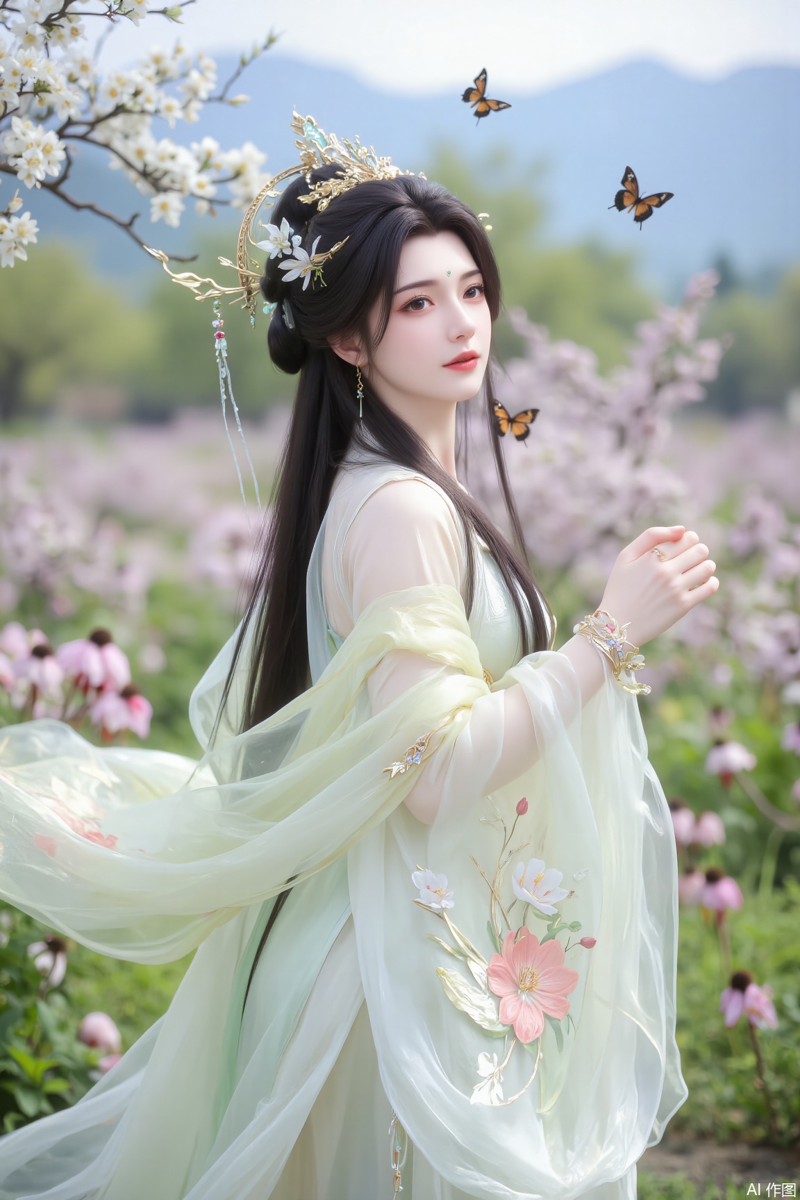 A long-haired woman stands in a dream garden, gazing into the distance, as if playing a silent solo. Her black hair cascades like silk, adorned with exquisite hair ornaments, with a few butterflies dancing among her hair strands, as if attracted by her beauty. She wears a floral-printed Hanfu, embroidered with magnificent floral patterns, the silk fabric shimmering with soft light in the dream.

Her full-face appearance is exquisitely beautiful, her eyes as deep as stars, exuding a sense of mystery and gentleness. Her makeup is subtle, her lips as pink as cherry blossoms, her mouth slightly curved with an enigmatic smile. Her wrist is adorned with a shimmering bracelet, swaying gently with her movements, emitting soft, crisp sounds, as if accompanying her silent solo.

Surrounding her is a dream garden, where various exotic flowers are in full bloom, releasing faint fragrances, as if offering their most sincere blessings to her. The distant mountains are faintly visible through the mist, as if marking the boundary between reality and dreams.

The entire scene is imbued with surrealistic imagery, where the woman's gazing into the distance merges perfectly with the dream garden's atmosphere, as if she is the ruler of this realm. Her solo, though silent, is filled with power, as if it could pierce through time and space, touching the hearts of every observer.