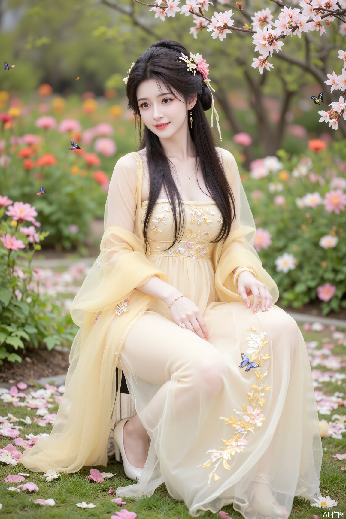 
Amidst a blooming flower garden, an ancient fairy sits gracefully in a side-sitting pose at the center of the scene. Her black hair gently cascades, adorned with a few dancing butterflies, as if dancing with the summer breeze. She wears a pale golden gauze dress, embroidered with delicate summer flower patterns, the light fabric flowing with the wind, resembling a fairy in the summer flower sea. At her feet, a carpet of colorful petals scatters, complementing the flower patterns on her skirt.

Her face is exquisitely beautiful, her skin as flawless as jade, her eyes as clear as water, exuding an otherworldly charm. Her makeup is subtle, her lips as pink as cherry blossoms, her mouth slightly curved with an enigmatic smile, as if radiating gentleness and compassion for all living beings. Around her, a few glowing fireflies dance, as if the spirits of summer night are flying around her.

In the side-sitting pose, her demeanor is poised and natural, with the golden dress and the colorful flower garden perfectly complementing each other, showcasing a fresh and ethereal beauty. Her hands rest gently beside her, as if feeling the warmth of summer, radiating a tranquil yet mysterious atmosphere.