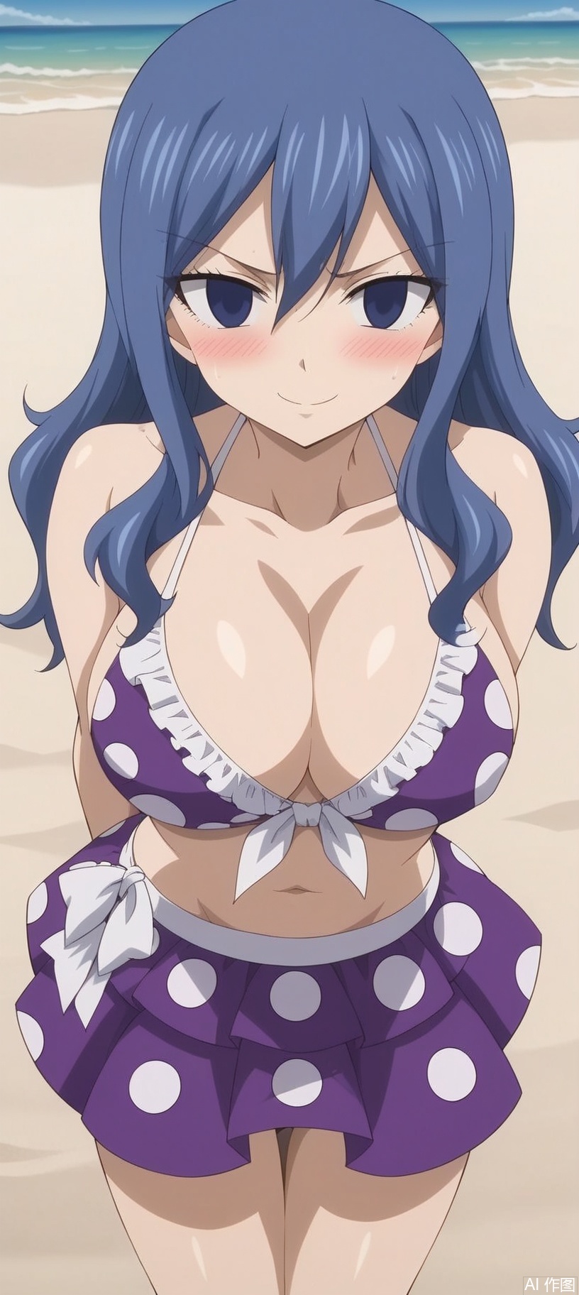 (8k),HD,(masterpiece）,Full-body shot,1girl, solo, long hair, breasts, looking at viewer, blush, smile, bangs, blue eyes, skirt, large breasts, navel, cleavage, hair between eyes, closed mouth, blue hair, collarbone, swimsuit, bikini, cowboy shot, outdoors, frills, sky, day, v-shaped eyebrows, ocean, beach, arms behind back, polka dot, frilled bikini, purple bikini, bikini skirt, polka dot bikini