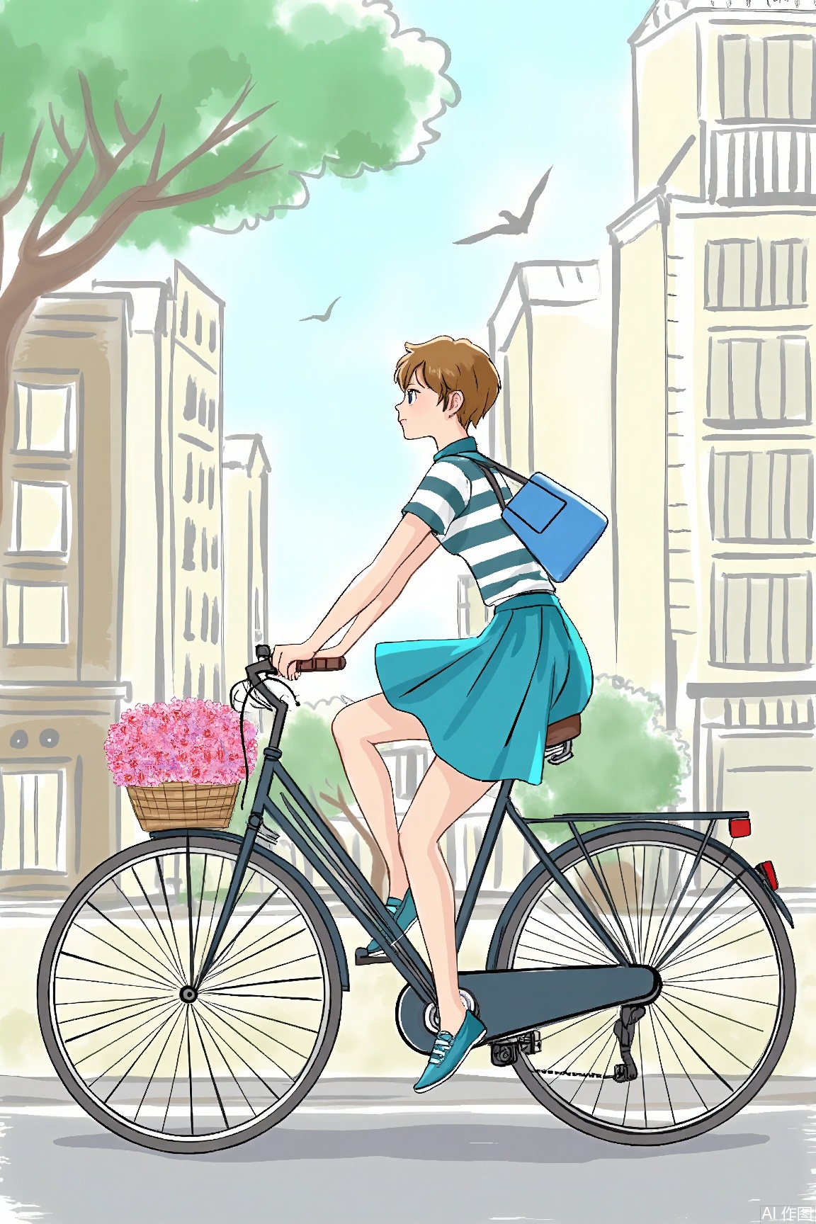 1girl,striped shirt,striped,skirt,solo,shirt,short hair,bicycle,ground vehicle,riding,outdoors,tree,blue skirt,from side,profile,bird,short sleeves,blue footwear,brown hair,flower,shoes,building,blue shirt,pleated skirt,road,handbag,glasses,