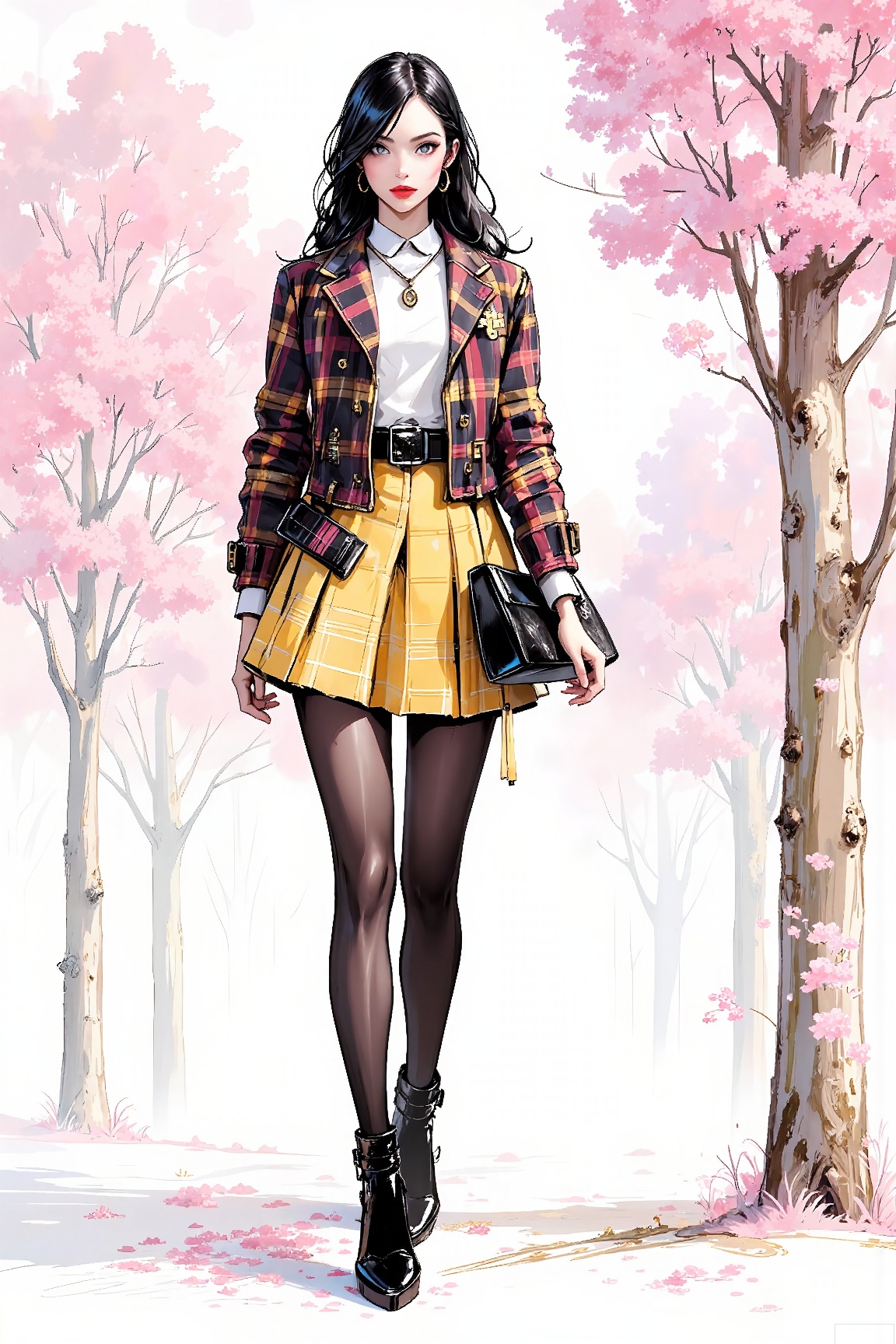1girl, solo, skirt, yellow skirt, long hair, pantyhose, black footwear, jacket, plaid skirt, shirt, white shirt, plaid, black pantyhose, looking at viewer, belt, bag, standing, tree, long sleeves, red lips, pleated skirt, full body,cherry_blossom,punk style, fashion drawing