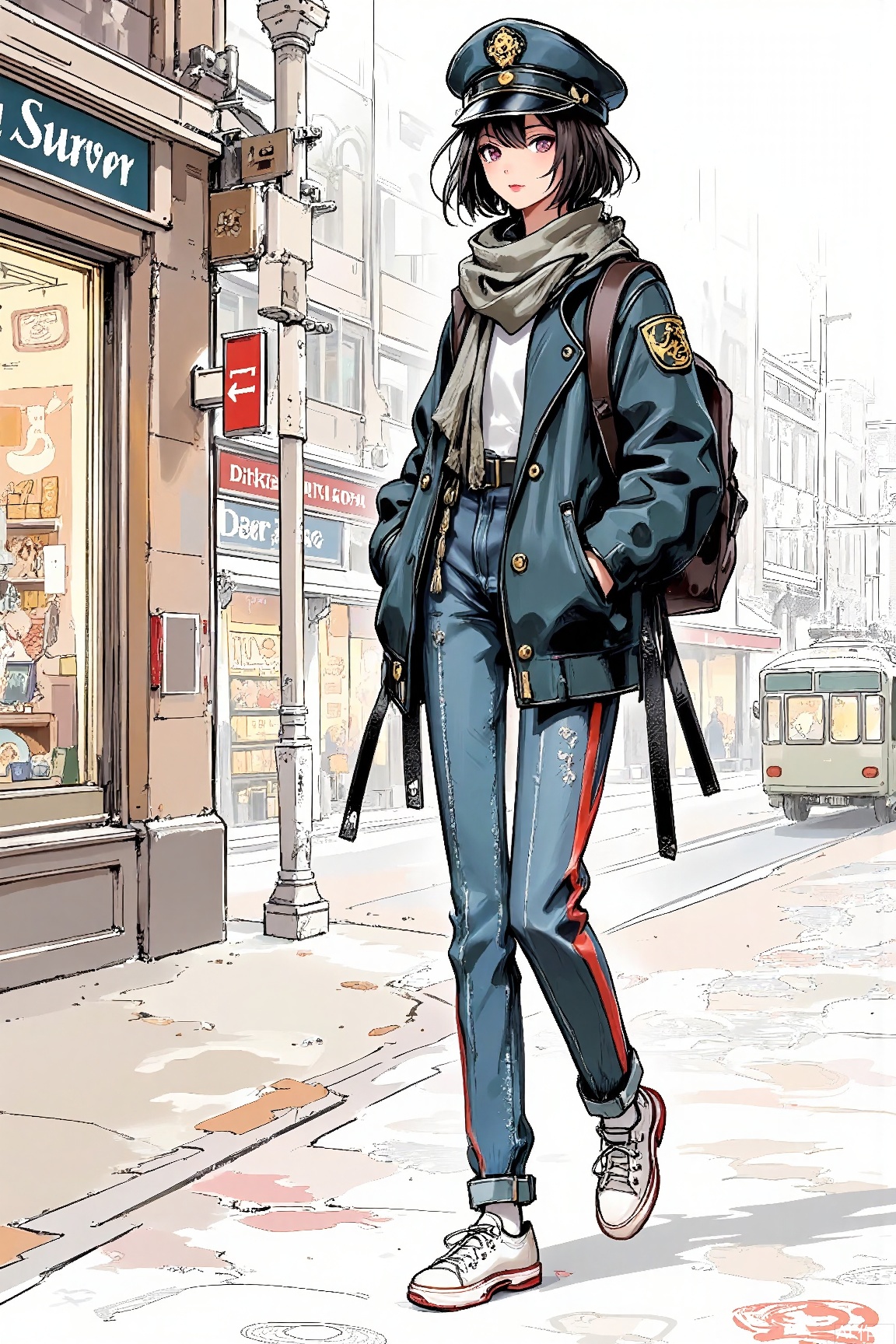 1girl,solo masterpiece, best quality, ultra-detailed, extremely detailed, illustration,STOKYO, STSmatsuri, exterior,real world location, hat,coat, shop, black hair, train station, long hair, short hair, backpack, pants, jeans, jacket, outdoors, denim, shoes, brown hair, walking, scarf, scenery, sneakers, (masterpiece, best quality, beautiful and aesthetic:1.2), (ultra-detailed, extremely delicate and beautiful:1.3), fashion drawing