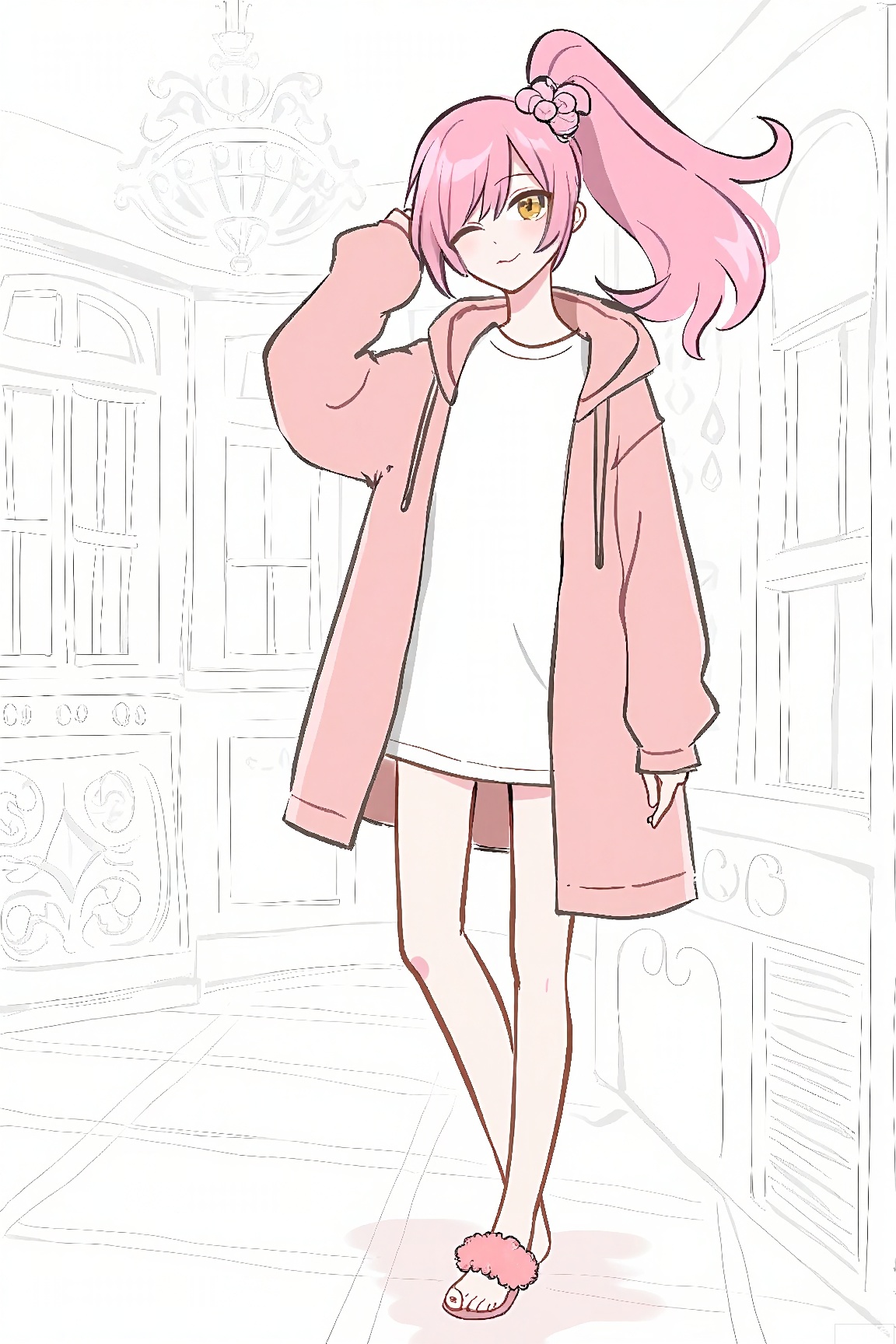 1petite loli, solo.pink hair, long pink hair, (yellow eyes), hair flower, fipped hair, high ponytail, loose over_sized Casual T-shirt, white shirt, hoodie coat, bare legs, slippers;relaxed, one-eye_closed, adjusting hair, looking at viewer, standing.indoors,fashion drawing