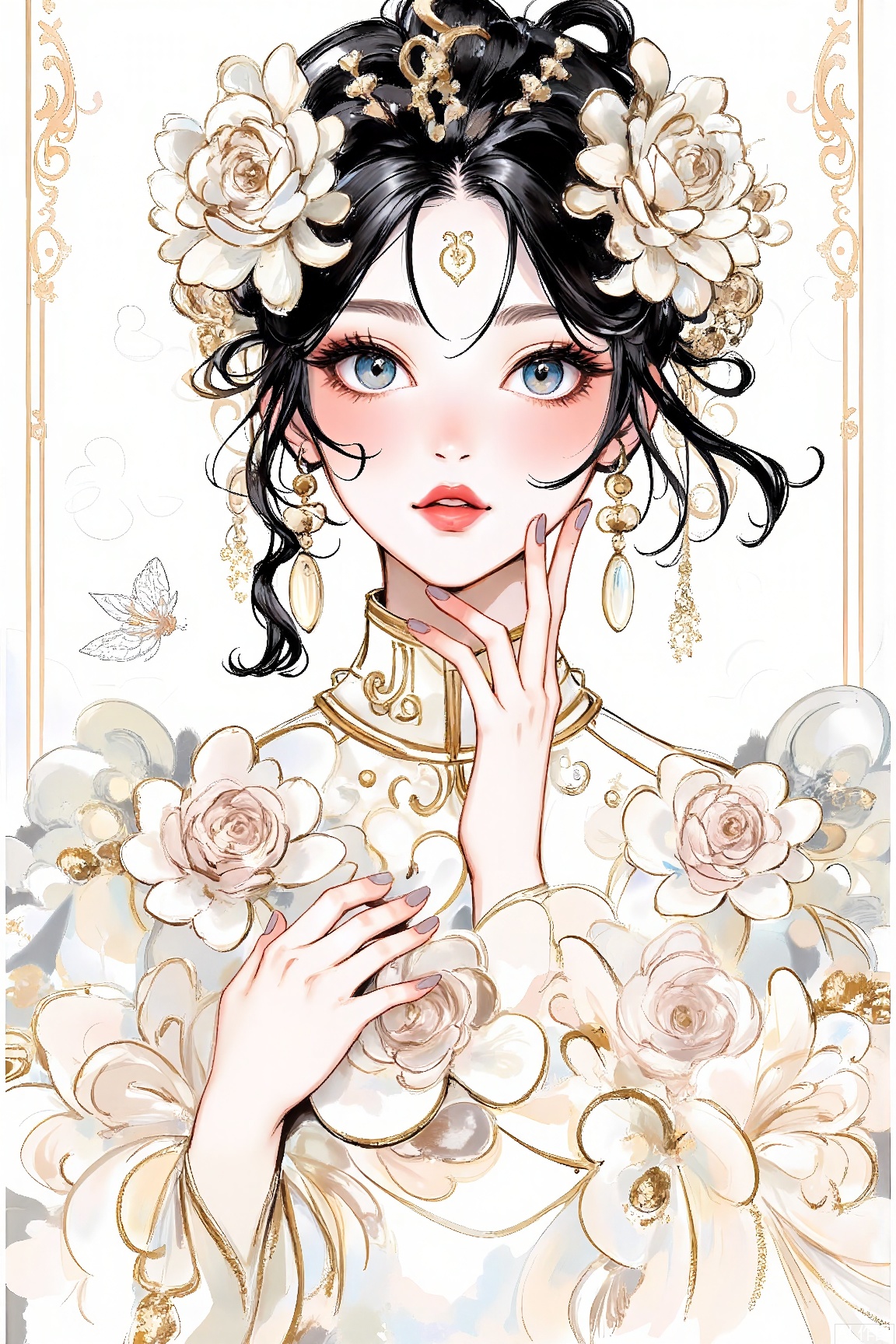  1girl, flower, bug, hair ornament, butterfly, solo, blue eyes, Lily (flower), hair flower, black hair, nail polish, jewelry, chinese clothes, red lips, white flower, forehead mark, earrings, hanfu, makeup, rose, hair rings, lipstick, facial mark, braid, hair stick,in sprint,fashion drawing