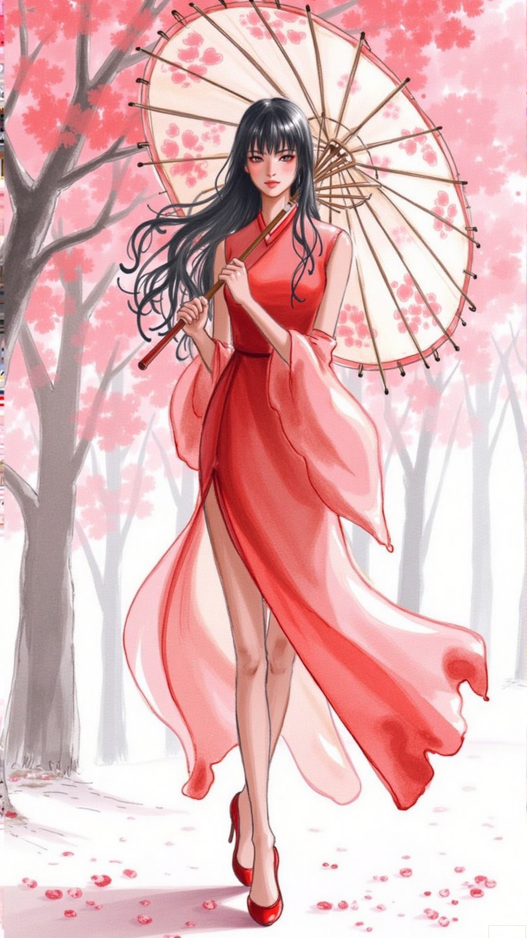 doudou,A skinny girl, her waist is very thin, her legs are very thin. Long black hair, bangs,A girl in a red Hanfu, shown in a seven - part body shot, is holding a West Lake silk umbrella with plum blossom patterns on its translucent surface. The scene features light and shadow mottling, presenting a great view. She exudes an elegant and feminine charm. She is standing in a snow - covered ground full of red plum blossoms. UHD, with textured skin.,doudou,watercolor fashion drawing,