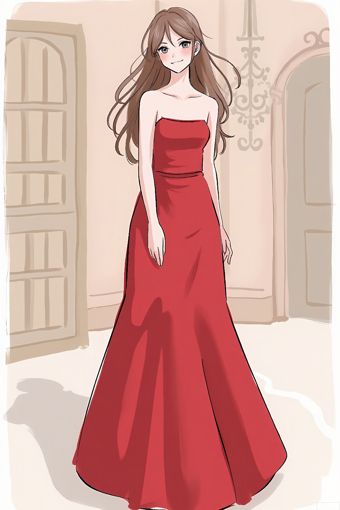 1girl, solo, dress, standing, red dress,long brown hair, smile, looking at viewer, full body, bare shoulders, long dress, strapless dress, pcolored,pale skin,
