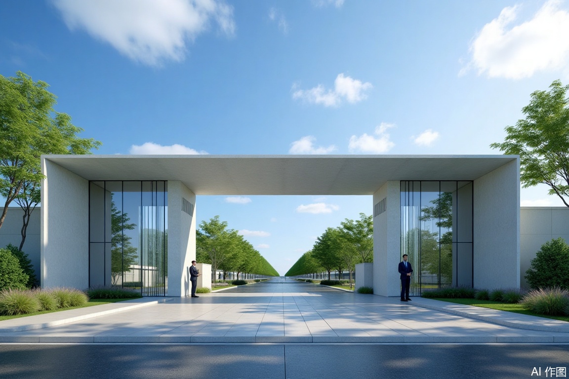 A photorealistic image of a factory gate on a sunny day. The frame showcases an elegant entrance made of米白色石材with sleek transparent glass panels, glowing under natural sunlight. A diligent门卫stands attentively on one side, adding human scale to the architecture. The wide shot captures the imposing gate with clean lines and modern design, set against a backdrop of blue sky and scattered clouds. Shadows fall sharply on the paved road leading to the entrance, while lush greenery frames the sides, creating a professional yet welcoming atmosphere filled with natural light and vibrant colors.