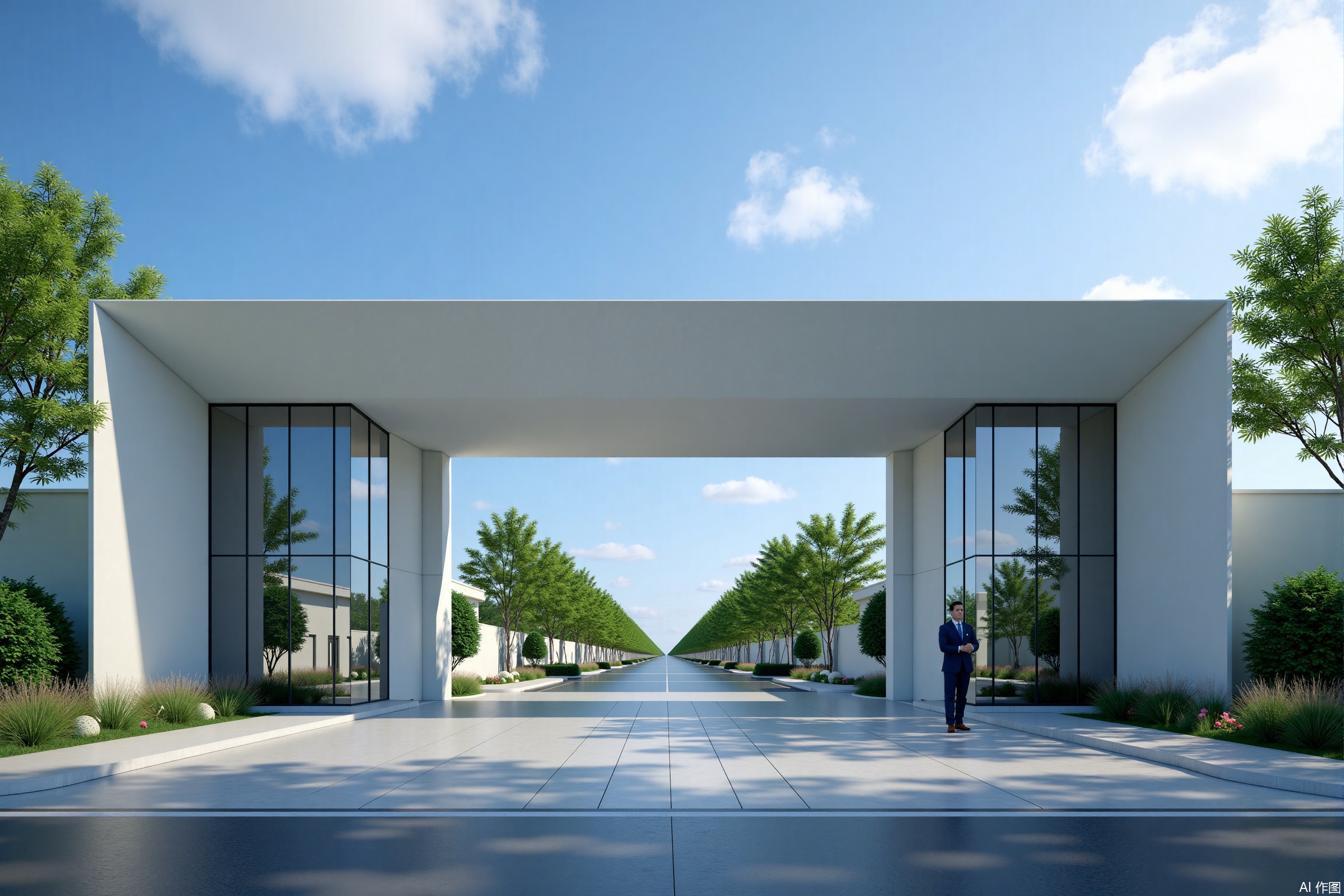 A photorealistic image of a factory gate on a sunny day. The frame showcases an elegant entrance made of米白色石材with sleek transparent glass panels, glowing under natural sunlight. A diligent门卫stands attentively on one side, adding human scale to the architecture. The wide shot captures the imposing gate with clean lines and modern design, set against a backdrop of blue sky and scattered clouds. Shadows fall sharply on the paved road leading to the entrance, while lush greenery frames the sides, creating a professional yet welcoming atmosphere filled with natural light and vibrant colors.