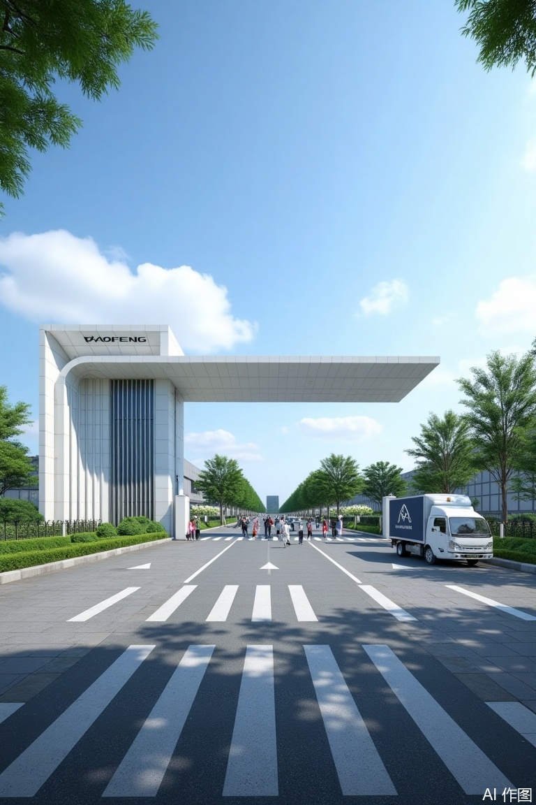 A modern factory gate in a bright daytime scene. The main structure features clean geometric shapes with white metal facade, topped by a wide horizontal beam and flanked by vertical pillars. BAOFENG in black text marks the left column. Framed against a clear blue sky with fluffy clouds, the shot captures a bustling atmosphere: a broad asphalt road with zebra crossings leads to the entrance, lined with lush greenery and trees on both sides. Pedestrians and vehicles populate the foreground, while distant factory buildings and verdant trees fill the horizon. Clean lines and symmetry dominate the composition.