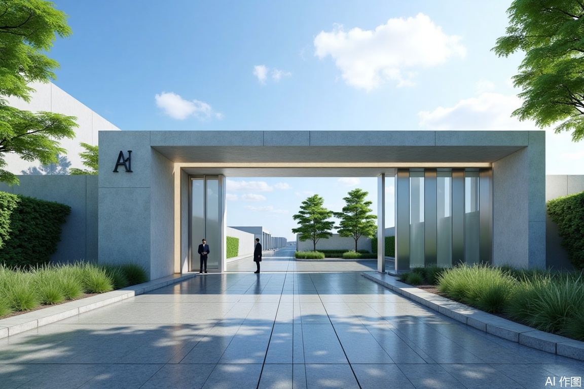 A photorealistic image of a factory gate on a sunny day. The frame showcases an elegant entrance made of米白色石材with sleek transparent glass panels, glowing under natural sunlight. A diligent门卫stands attentively on one side, adding human scale to the architecture. The wide shot captures the imposing gate with clean lines and modern design, set against a backdrop of blue sky and scattered clouds. Shadows fall sharply on the paved road leading to the entrance, while lush greenery frames the sides, creating a professional yet welcoming atmosphere filled with natural light and vibrant colors.
