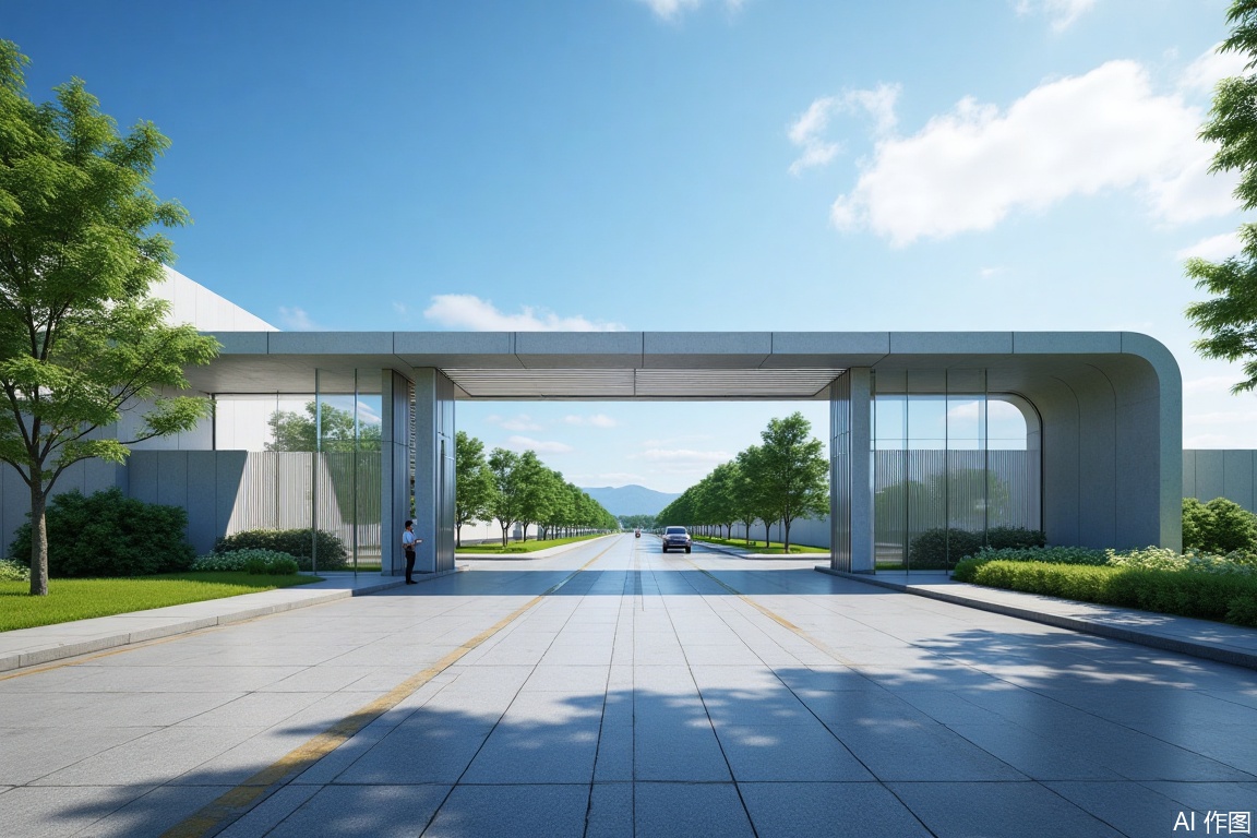 A photorealistic image of a factory gate on a sunny day. The frame showcases an elegant entrance made of米白色石材with sleek transparent glass panels, glowing under natural sunlight. A diligent门卫stands attentively on one side, adding human scale to the architecture. The wide shot captures the imposing gate with clean lines and modern design, set against a backdrop of blue sky and scattered clouds. Shadows fall sharply on the paved road leading to the entrance, while lush greenery frames the sides, creating a professional yet welcoming atmosphere filled with natural light and vibrant colors.