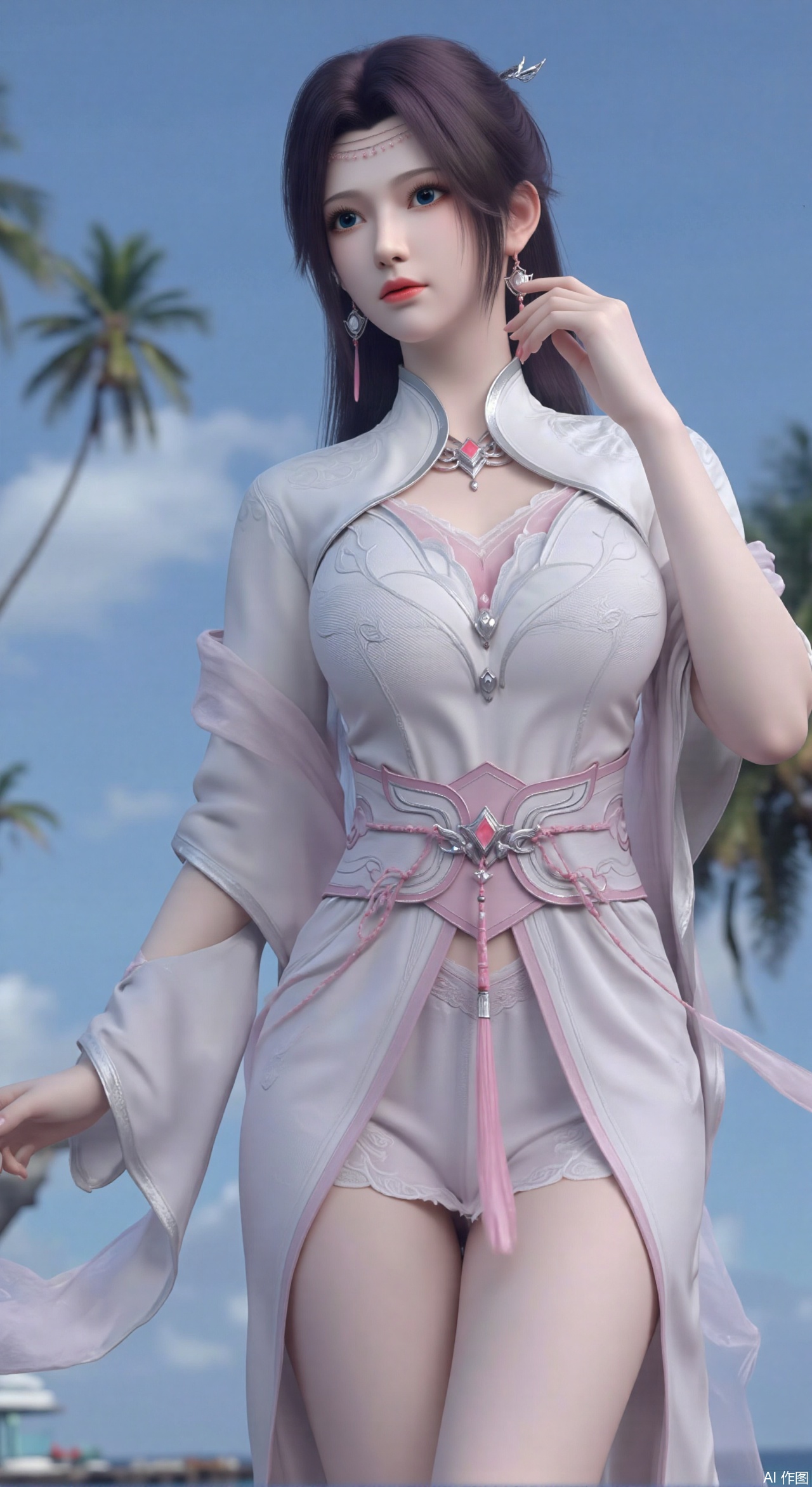 SFW,(masterpiece:1.2),best quality,absurdres,masterpiece,original,extremely detailed wallpaper,perfect lighting,1girl,solo,looking at viewer,(cowboy_shot:1.3),long hair,high heels,blurry background,depth of field,motion blur,(long dress:1.23),crystal_earrings,headpiece,hair_tie,chest_jewel,gem,necklace,jewelry,in summer,day,outdoors,nature,(standing,Seaside, beach, sailboat, coconut trees:1.59),(huge breasts:2.99),(full breasts:2.99),,large natural breast,soft breasts,XqingnvzongZM,XanmiaoyiXY,Xaichen,Xhuanlingwang,XyunyunXY