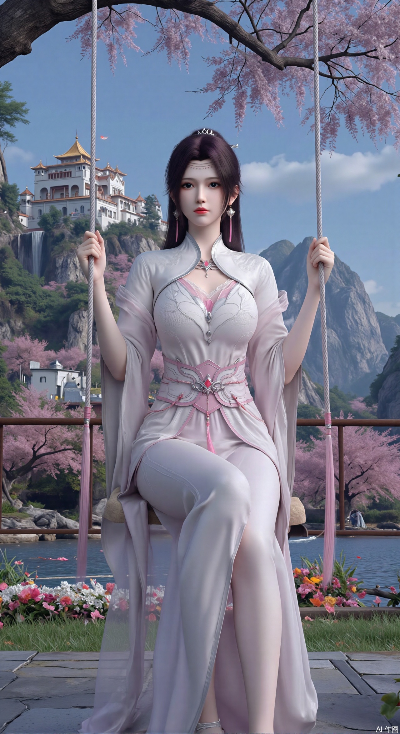 SFW,(masterpiece, top quality, best quality, official art, beautiful and aesthetic:1.2),Dynamic posture,(Sitting on the swing:1.39),natural skin texture,(Milky skin:1.2),1gir,solo,long Dress, (Long legs, perfect proportions:1.2),(Sakura, butterfly:1.29),(huge breasts:2.99),(full breasts:2.99),Wisteria, wisteria flowers, castle, waterfall, mountains in the distance,XqingnvzongZM,XanmiaoyiXY,Xaichen,XbaiyuerongY