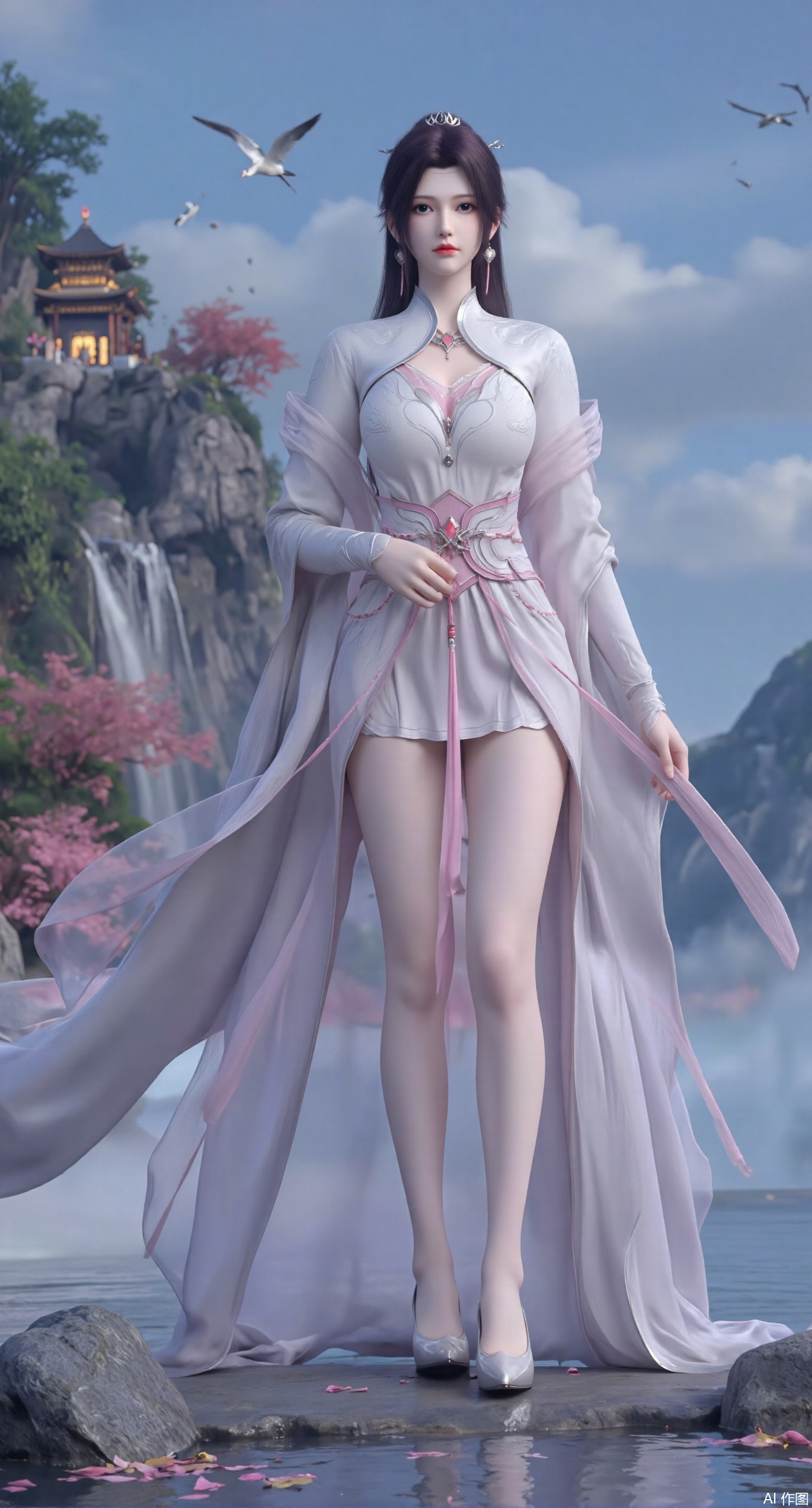 SFW,(masterpiece:1.2),best quality,1girl,solo,long hair,long dress,celestial maiden in flowing tulle gown levitates above lotus pond, ethereal mist trails from hair ribbons, mythical Penglai paradise emerges through clouds with glowing pavilions, translucent bioluminescent lotus blooms, flock of cranes gliding over water surface, ultra HD with soft 3D rendering, morning light filters through mist, falling petal rain, intricate details on scale-patterned fabric and lotus veins.(huge breasts:2.99),(full breasts:2.99),XyunyunXY