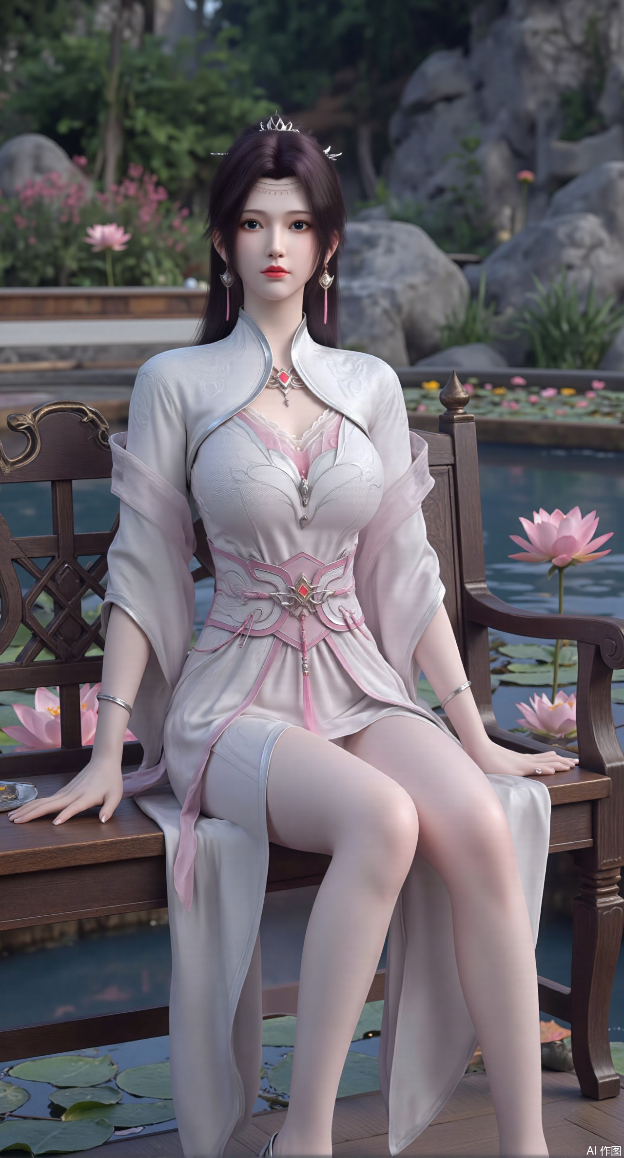 SFW,(masterpiece:1.2),best quality,The image is a digital illustration of a young woman sitting on a wooden bench in a pond with lily pads. She is wearing a long dress with design on the chest and sleeves. The dress has a high neckline and short sleeves,Holding a lotus in hand. She has long dark hair styled in loose waves and is wearing gold high heels. The woman is posing with one hand on her hip and the other resting on the edge of the bench. The background is filled with pink and white lotus flowers and green leaves. The overall mood of the image is peaceful and serene,(huge breasts:2.99),(full breasts:2.99),(Background with traditional Chinese architecture, lotus pond and pink lotus flowers:1.39),XtianqiongY,XliumeiY,XyueliuY,Xxiaowu,Xyusanniang,Xxuenv,XchuxuanerXY,XchuxuanerX,Xhuangnv,XyunyunX,XqingnvzongZM