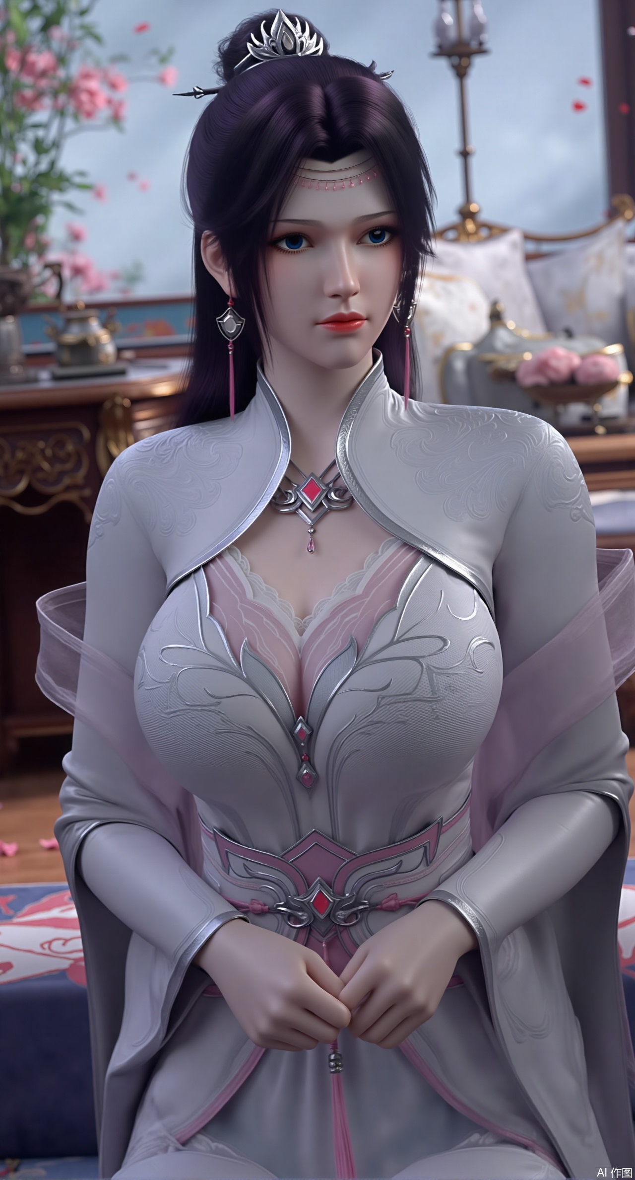 (masterpiece, best quality:1.2),Ancient Chinese boudoir scene, Hanfu dress ,sitting sideways on an intricately carved wooden bed, soft natural light filtering through sheer silk curtains, satin bedding with delicate sheen, detailed traditional Chinese Gongbi painting style, subtle celadon color palette, background featuring vintage dressing table and embroidered screen, falling plum blossom petals near window and wispy smoke from bronze incense burner, 8K resolution with intricate fabric draping and wood grain textures,,(huge breasts:2.99),(full breasts:2.99),XanmiaoyiXY,XqingnvzongZM,XyunyunXY