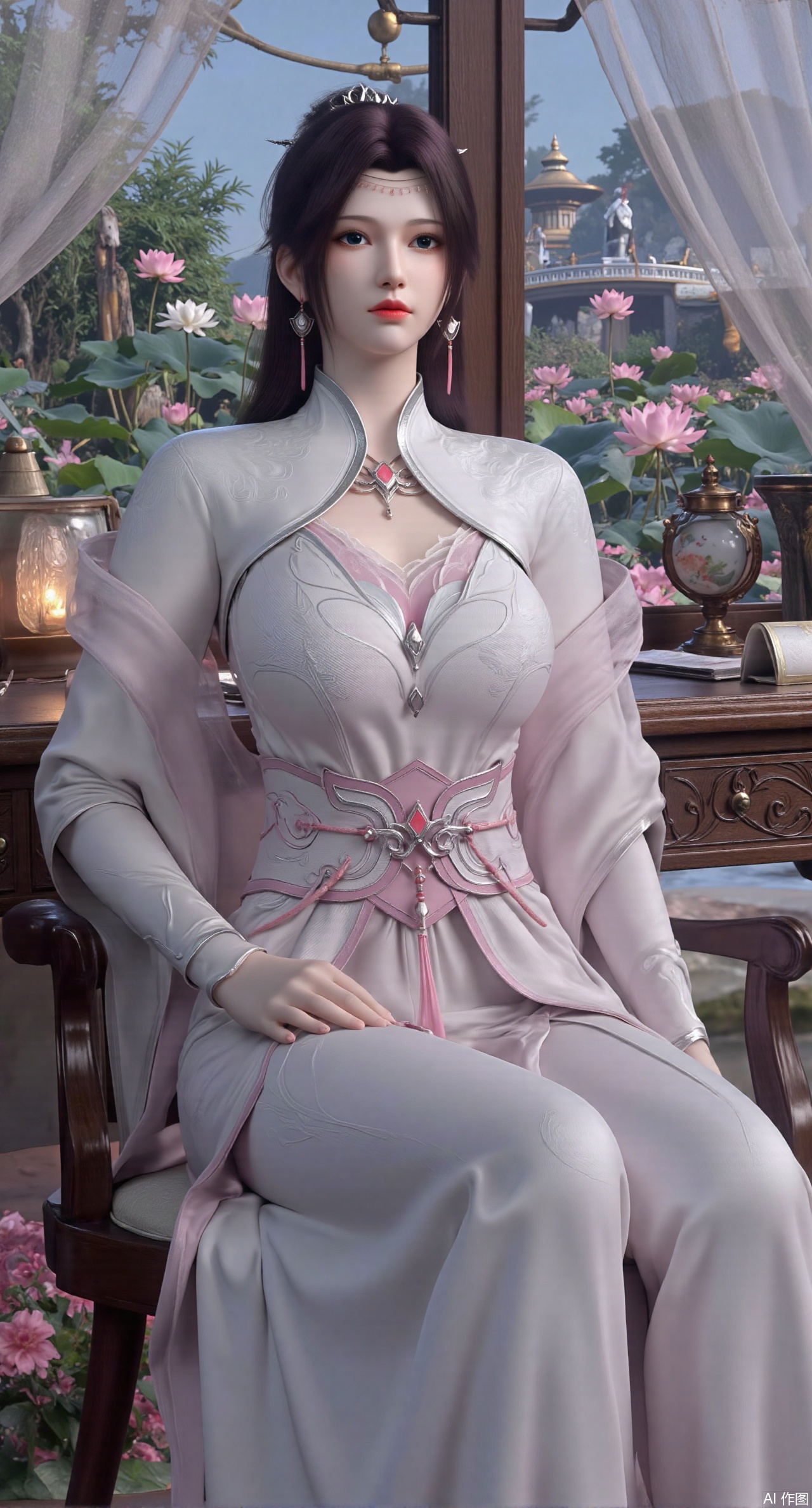 SFW,(masterpiece, best quality:1.2),1girl, solo, long dress,Ancient princess's boudoir with bright color palette,,(huge breasts:2.59),(full breasts:2.39), Hanfu-clad maiden sitting by latticed window desk in romantic daydreaming posture, classical Chinese garden through window showcasing lotus pond filled with blooming pink and white lotuses, delicate ink-wash painting style, interior featuring rosewood furniture with mother-of-pearl inlay, silk curtains fluttering in breeze, porcelain stationery set on desk, distant view of curved bridges and pavilions in garden, ultra HD rendering with crisp details on embroidered garments and translucent lotus petals,,(huge breasts:2.99),(full breasts:2.99),,XtianqiongY,XliumeiY,XyueliuY,Xxiaowu,Xyusanniang,Xxuenv,XchuxuanerXY,XchuxuanerX,Xhuangnv,Xshangguanweier,XyunyunX,XqingnvzongZM,XanmiaoyiXY,XyunyunXY