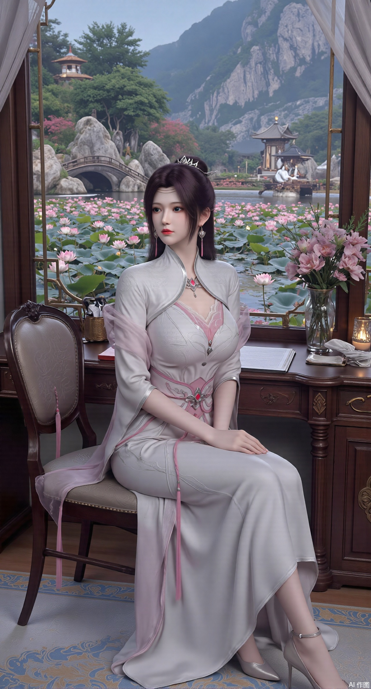 SFW,(masterpiece, best quality:1.2),1girl, solo, long dress,Ancient princess's boudoir with bright color palette,,(huge breasts:2.59),(full breasts:2.39), Hanfu-clad maiden sitting by latticed window desk in romantic daydreaming posture, classical Chinese garden through window showcasing lotus pond filled with blooming pink and white lotuses, delicate ink-wash painting style, interior featuring rosewood furniture with mother-of-pearl inlay, silk curtains fluttering in breeze, porcelain stationery set on desk, distant view of curved bridges and pavilions in garden, ultra HD rendering with crisp details on embroidered garments and translucent lotus petals,,(huge breasts:2.99),(full breasts:2.99),,XtianqiongY,XliumeiY,XyueliuY,Xxiaowu,Xyusanniang,Xxuenv,XchuxuanerXY,XchuxuanerX,Xhuangnv,Xshangguanweier,XyunyunX,XqingnvzongZM,XanmiaoyiXY,XyunyunXY