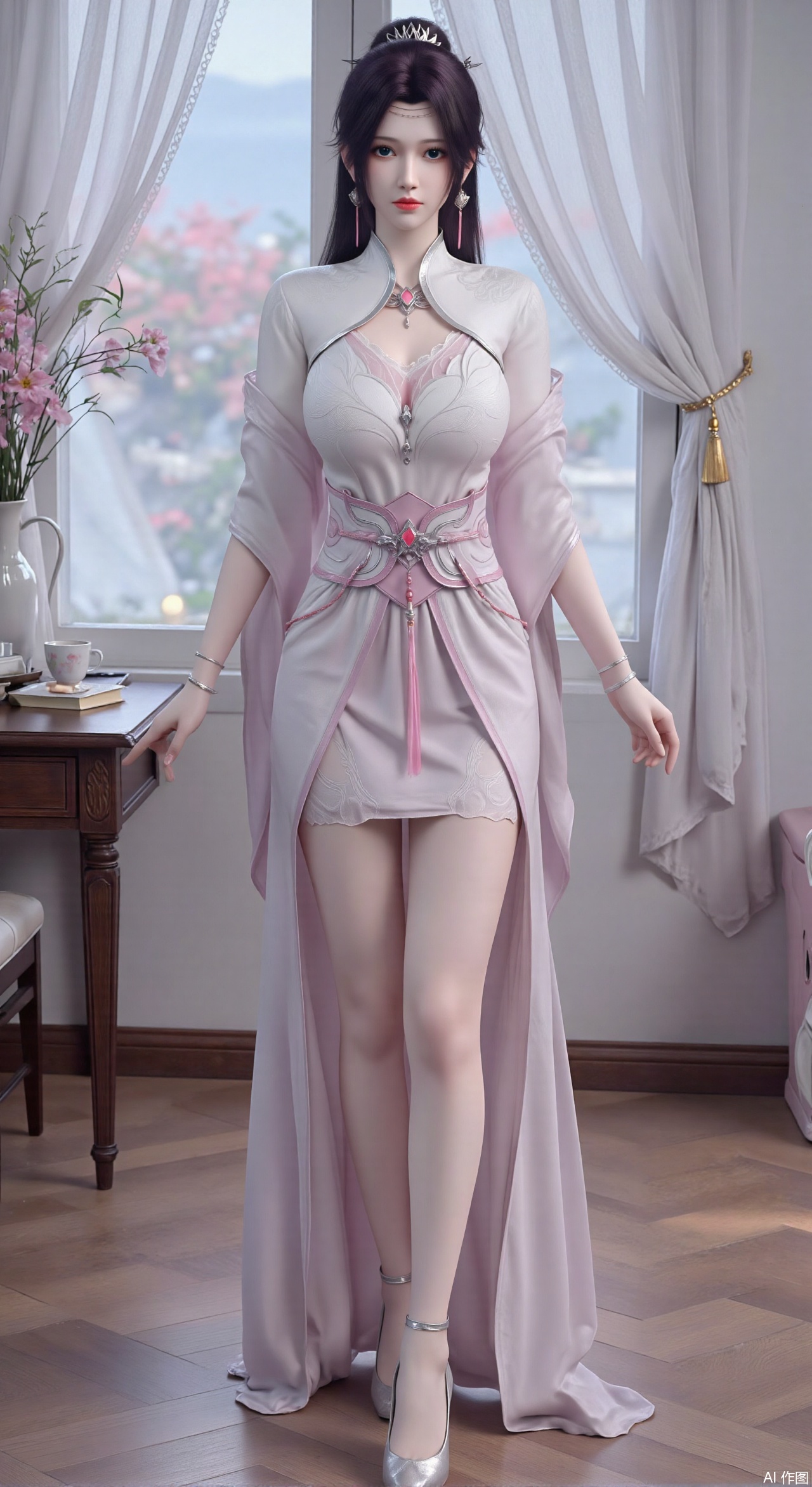 SFW,(masterpiece:1.2),Ultra clear, wallpaper, 8k, masterpiece, 1girl, solo, long hair, breasts, looking at viewer, bangs, large breasts,long dress,, bare shoulders, jewelry, black hair, standing, purple eyes, full body, flower, thighs, indoors, hair bun, long dress, high heels, cup, see-through, book, bare legs, window, table, white footwear, standing on one leg, curtains, pink flower, side slit, vase, ,(huge breasts:2.99),(full breasts:2.99),phone screen,XqingnvzongZM,XanmiaoyiXY,Xaichen,XbaiyuerongY,XyunyunXY
