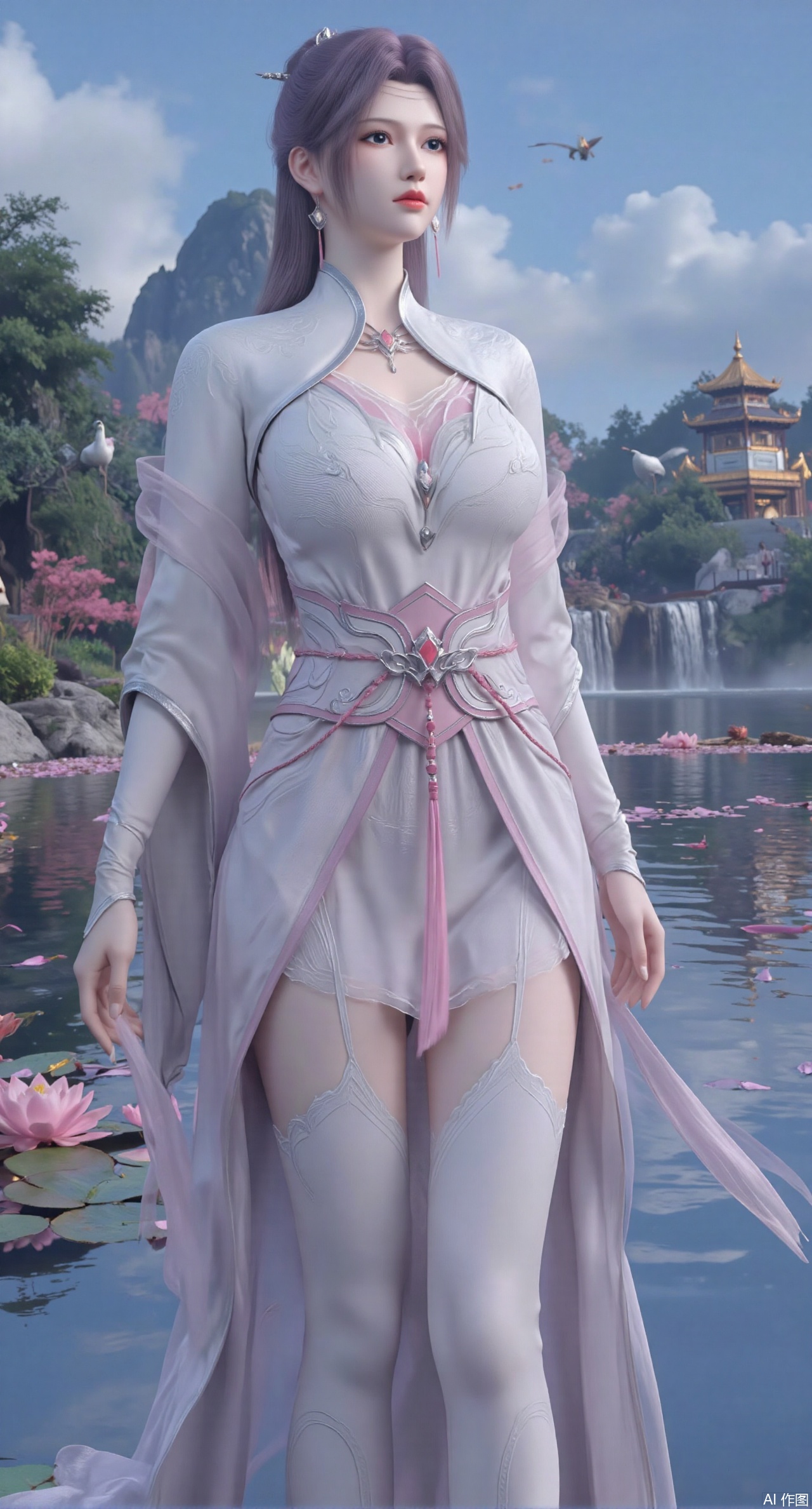 SFW,(masterpiece:1.2),best quality,1girl,solo,long hair,long dress,celestial maiden in flowing tulle gown levitates above lotus pond, ethereal mist trails from hair ribbons, mythical Penglai paradise emerges through clouds with glowing pavilions, translucent bioluminescent lotus blooms, flock of cranes gliding over water surface, ultra HD with soft 3D rendering, morning light filters through mist, falling petal rain, intricate details on scale-patterned fabric and lotus veins.(huge breasts:2.99),(full breasts:2.99),XyunyunXY