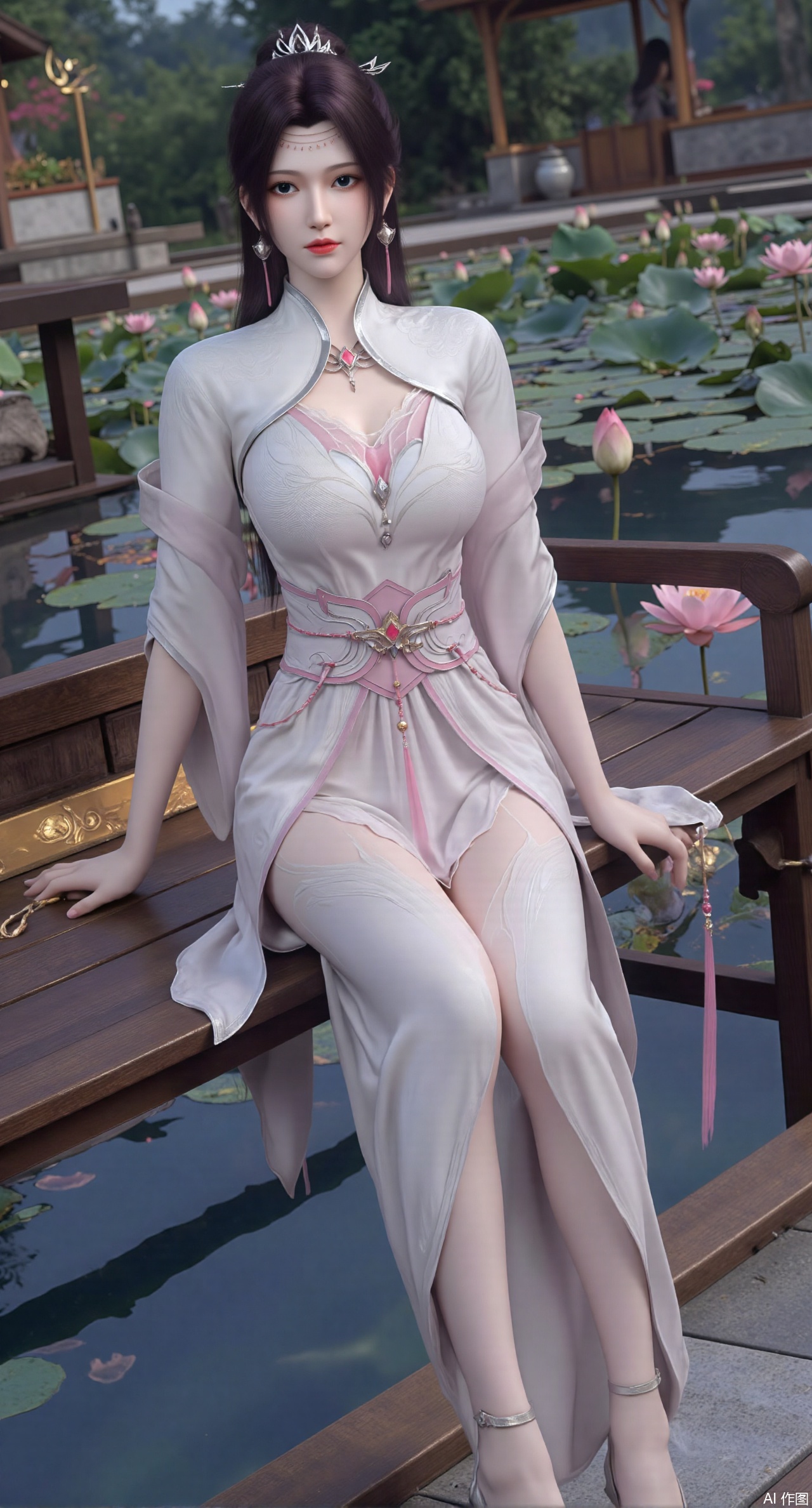 SFW,(masterpiece:1.2),best quality,The image is a digital illustration of a young woman sitting on a wooden bench in a pond with lily pads. She is wearing a long dress with design on the chest and sleeves. The dress has a high neckline and short sleeves,Holding a lotus in hand. She has long dark hair styled in loose waves and is wearing gold high heels. The woman is posing with one hand on her hip and the other resting on the edge of the bench. The background is filled with pink and white lotus flowers and green leaves. The overall mood of the image is peaceful and serene,(huge breasts:2.99),(full breasts:2.99),(Background with traditional Chinese architecture, lotus pond and pink lotus flowers:1.39),XtianqiongY,XliumeiY,XyueliuY,Xxiaowu,Xyusanniang,Xxuenv,XchuxuanerXY,XchuxuanerX,Xhuangnv,XyunyunX,XqingnvzongZM