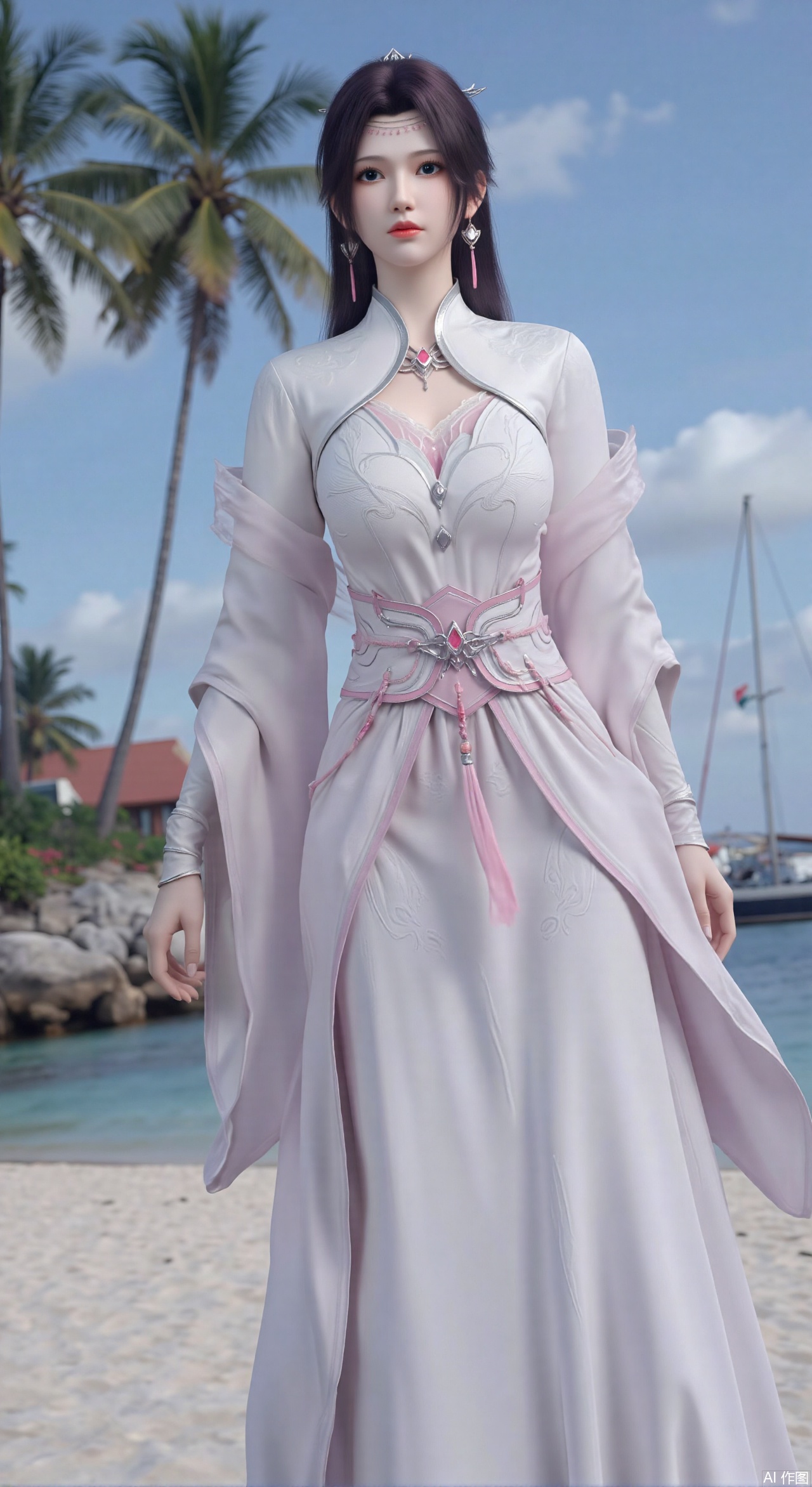 SFW,(masterpiece:1.2),best quality,absurdres,masterpiece,original,extremely detailed wallpaper,perfect lighting,1girl,solo,looking at viewer,(cowboy_shot:1.3),long hair,high heels,blurry background,depth of field,motion blur,(long dress:1.23),crystal_earrings,headpiece,hair_tie,chest_jewel,gem,necklace,jewelry,in summer,day,outdoors,nature,(standing,Seaside, beach, sailboat, coconut trees:1.59),(huge breasts:2.99),(full breasts:2.99),,large natural breast,soft breasts,XqingnvzongZM,XanmiaoyiXY,Xaichen,Xhuanlingwang,XyunyunXY