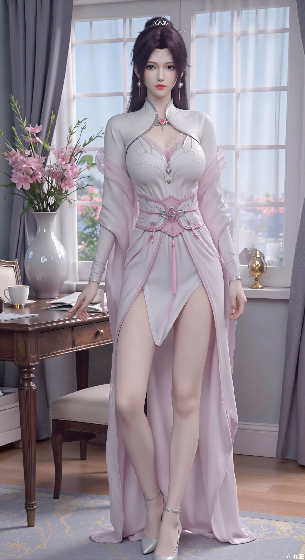 SFW,(masterpiece:1.2),Ultra clear, wallpaper, 8k, masterpiece, 1girl, solo, long hair, breasts, looking at viewer, bangs, large breasts,long dress,, bare shoulders, jewelry, black hair, standing, purple eyes, full body, flower, thighs, indoors, hair bun, long dress, high heels, cup, see-through, book, bare legs, window, table, white footwear, standing on one leg, curtains, pink flower, side slit, vase, ,(huge breasts:2.99),(full breasts:2.99),phone screen,XqingnvzongZM,XanmiaoyiXY,Xaichen,XbaiyuerongY,XyunyunXY