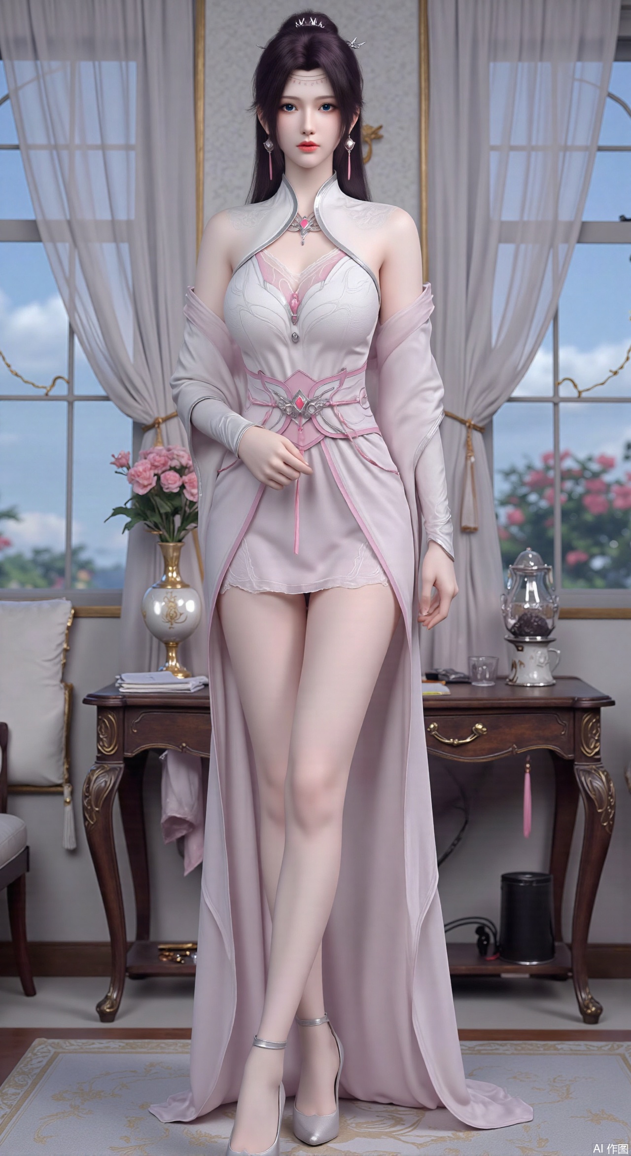 SFW,(masterpiece:1.2),Ultra clear, wallpaper, 8k, masterpiece, 1girl, solo, long hair, breasts, looking at viewer, bangs, large breasts,long dress,, bare shoulders, jewelry, black hair, standing, purple eyes, full body, flower, thighs, indoors, hair bun, long dress, high heels, cup, see-through, book, bare legs, window, table, white footwear, standing on one leg, curtains, pink flower, side slit, vase, ,(huge breasts:2.99),(full breasts:2.99),phone screen,XqingnvzongZM,XanmiaoyiXY,Xaichen,XbaiyuerongY,XyunyunXY