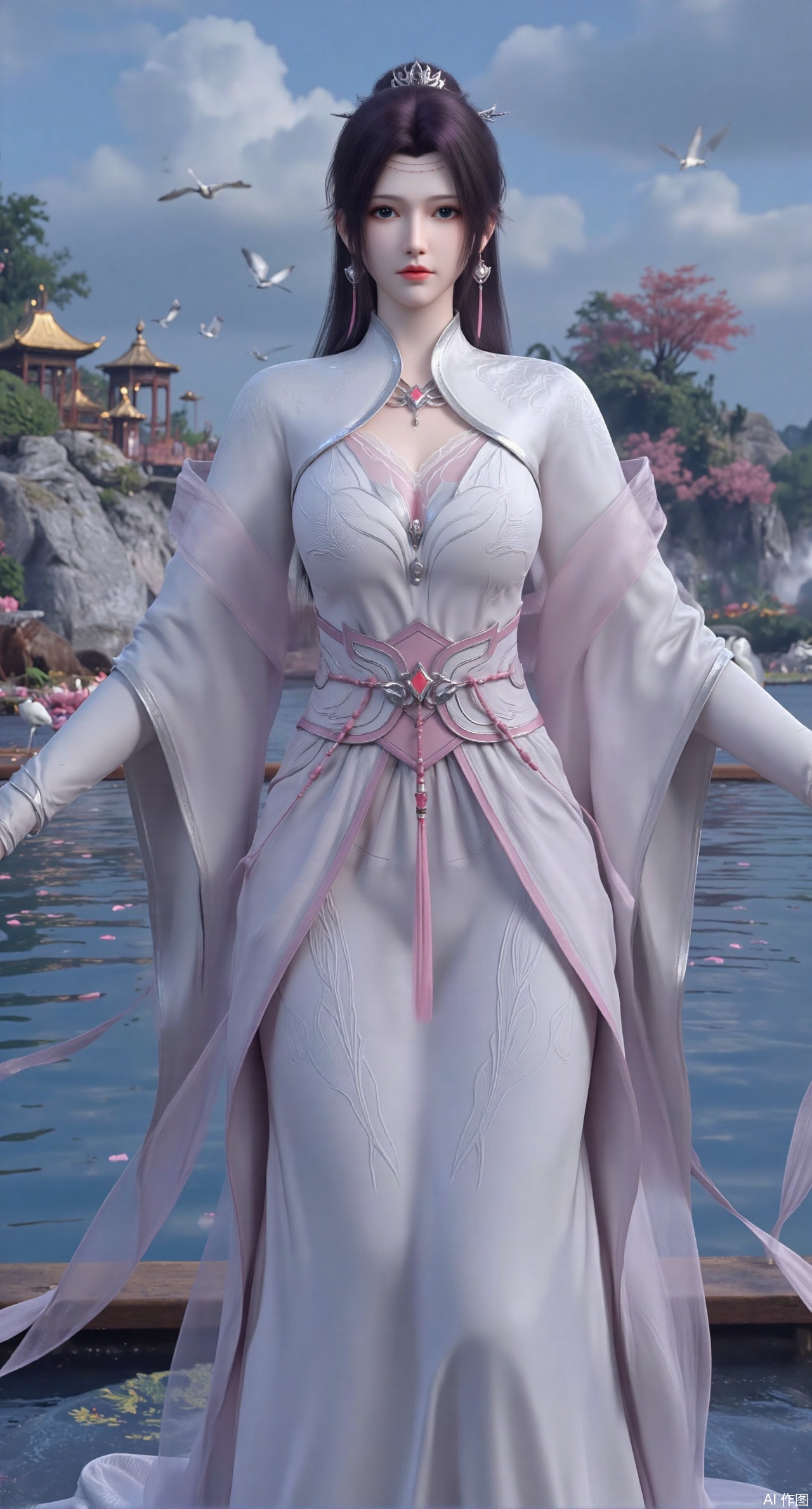 SFW,(masterpiece:1.2),best quality,1girl,solo,long hair,long dress,celestial maiden in flowing tulle gown levitates above lotus pond, ethereal mist trails from hair ribbons, mythical Penglai paradise emerges through clouds with glowing pavilions, translucent bioluminescent lotus blooms, flock of cranes gliding over water surface, ultra HD with soft 3D rendering, morning light filters through mist, falling petal rain, intricate details on scale-patterned fabric and lotus veins.(huge breasts:2.99),(full breasts:2.99),XyunyunXY
