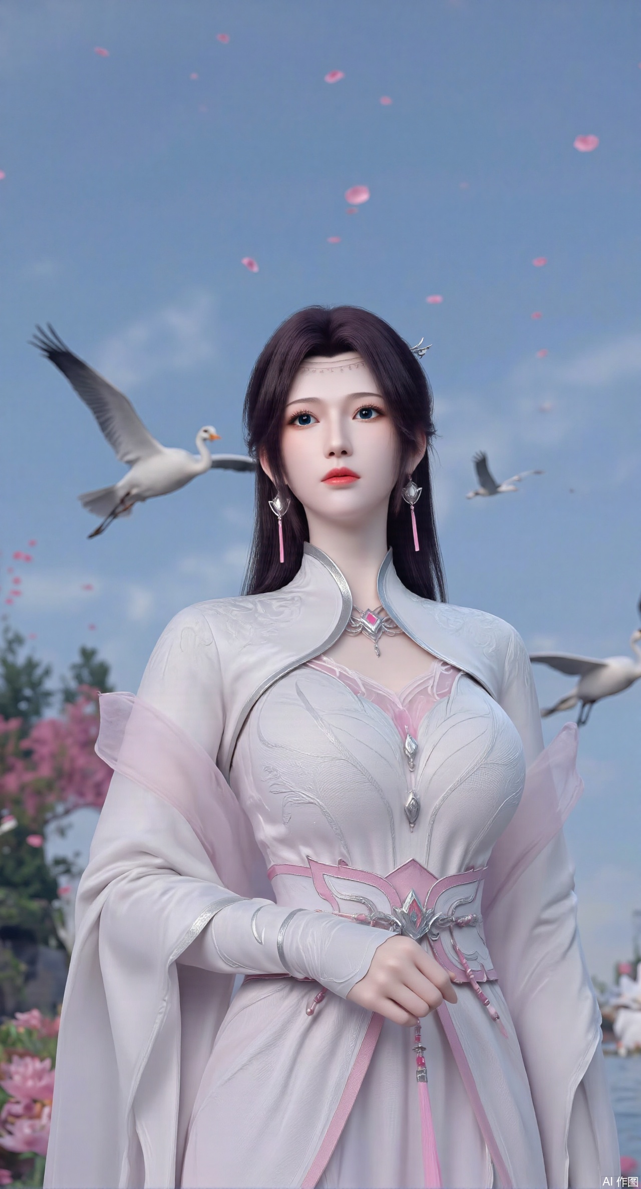  SFW,(masterpiece:1.2),best quality,1girl,solo,long hair,long dress,celestial maiden in flowing tulle gown levitates above lotus pond, Upper Body,ethereal mist trails from hair ribbons, mythical Penglai paradise emerges through clouds with glowing pavilions, translucent bioluminescent lotus blooms, flock of cranes gliding over water surface, ultra HD with soft 3D rendering, morning light filters through mist, falling petal rain, intricate details on scale-patterned fabric and lotus veins.(huge breasts:2.99),(full breasts:2.99),Xzhihua,Xsiyouyou,Xyanruyu,Xmoxiaonan,Xyeqingxian,Xyunwangshu,XlishaoyinY,Xxiaowu,Xyusanniang,XhuolingerHHY,Xwangqiuer,Xxuenv,XfuquY,XyunyunX,XchuxuanerXY,XchuxuanerX,Xjuzi,Xshangguanweier,Xaichen,Xhuanlingwang,Xzixia,XyunyunXY