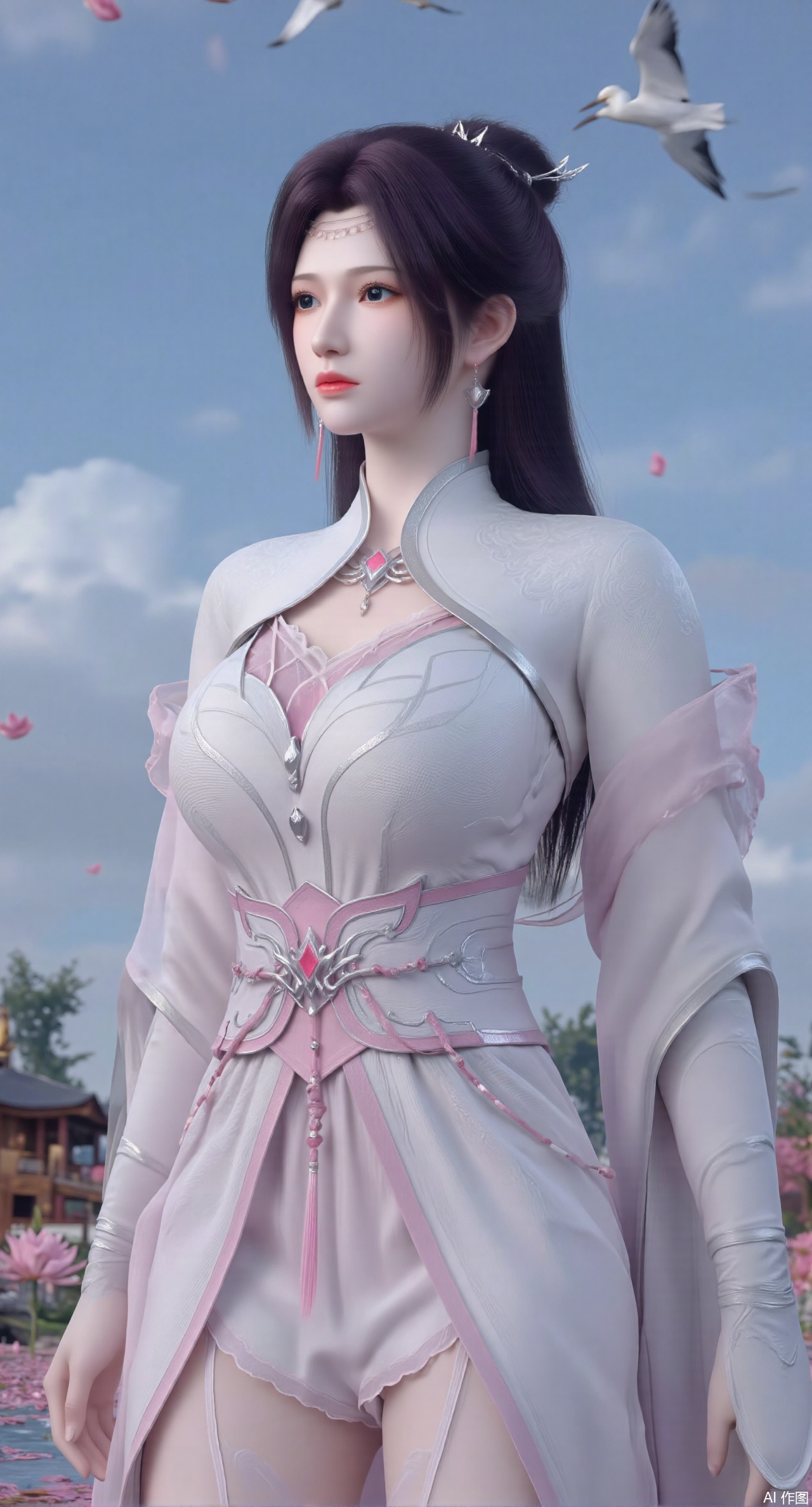  SFW,(masterpiece:1.2),best quality,1girl,solo,long hair,long dress,celestial maiden in flowing tulle gown levitates above lotus pond, ethereal mist trails from hair ribbons, mythical Penglai paradise emerges through clouds with glowing pavilions, translucent bioluminescent lotus blooms, flock of cranes gliding over water surface, ultra HD with soft 3D rendering, morning light filters through mist, falling petal rain, intricate details on scale-patterned fabric and lotus veins.(huge breasts:2.99),(full breasts:2.99),Xzhihua,Xsiyouyou,Xyanruyu,Xmoxiaonan,Xyeqingxian,Xyunwangshu,XlishaoyinY,Xxiaowu,Xyusanniang,XhuolingerHHY,Xwangqiuer,Xxuenv,XfuquY,XanmiaoyiXY,XyunyunX,Xhuangnv,XyunyunXY