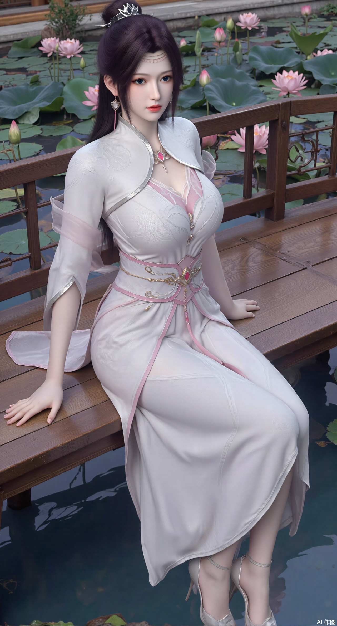 SFW,(masterpiece:1.2),best quality,The image is a digital illustration of a young woman sitting on a wooden bench in a pond with lily pads. She is wearing a long dress with design on the chest and sleeves. The dress has a high neckline and short sleeves,Holding a lotus in hand. She has long dark hair styled in loose waves and is wearing gold high heels. The woman is posing with one hand on her hip and the other resting on the edge of the bench. The background is filled with pink and white lotus flowers and green leaves. The overall mood of the image is peaceful and serene,(huge breasts:2.99),(full breasts:2.99),(Background with traditional Chinese architecture, lotus pond and pink lotus flowers:1.39),Xanmiaoyi,Xyunwangshu,XlishaoyinY,Xbaixue,XanmiaoyiY,Xxiuqiuhua,XbaiyuerongY,XyunyunX,XqingnvzongZM,Xjuzi,Xshangguanweier,XanmiaoyiXY,XyunyunXY