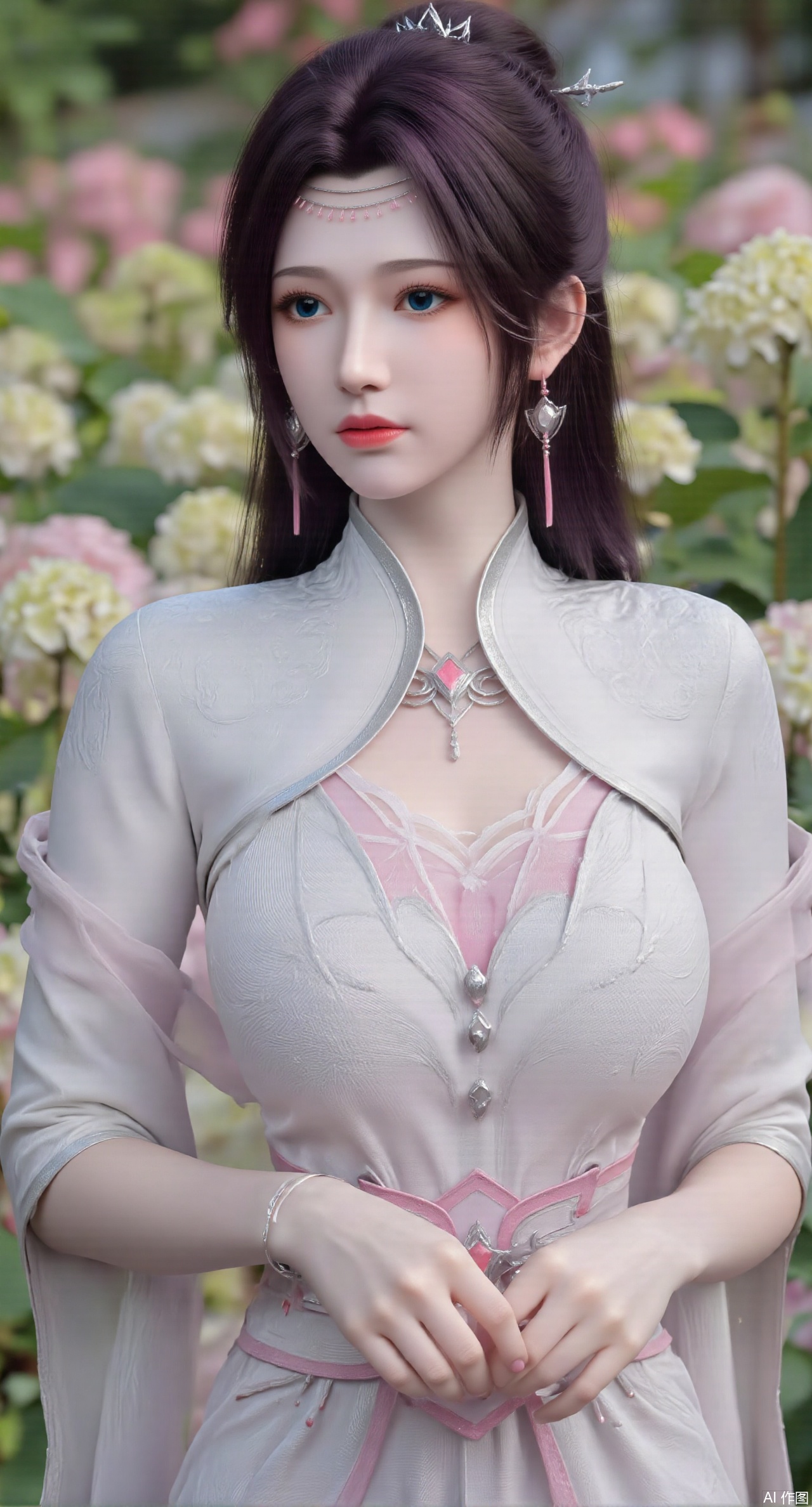  SFW,(masterpiece:1.2),best quality,absurdres,masterpiece,original,extremely detailed wallpaper,perfect lighting,1girl,solo,looking at viewer,(cowboy_shot:1.3),long hair,high heels,blurry background,depth of field,motion blur,(long dress:1.23),china_dress,chinese_style,bare shouders,crystal_earrings,headpiece,hair_tie,chest_jewel,gem,necklace,jewelry,in summer,day,outdoors,nature,garden,,(standing,Hydrangea, Hydrangea Field:1.69),(huge breasts:2.99),(full breasts:2.99),Xzhihua,Xsiyouyou,Xyanruyu,Xmoxiaonan,Xyeqingxian,Xyunwangshu,XlishaoyinY,Xxiaowu,Xyusanniang,XhuolingerHHY,Xwangqiuer,Xxuenv,XyunyunX,XqingnvzongZM,Xshangguanweier,XanmiaoyiXY,Xaichen,Xhuanlingwang,XyunyunXY