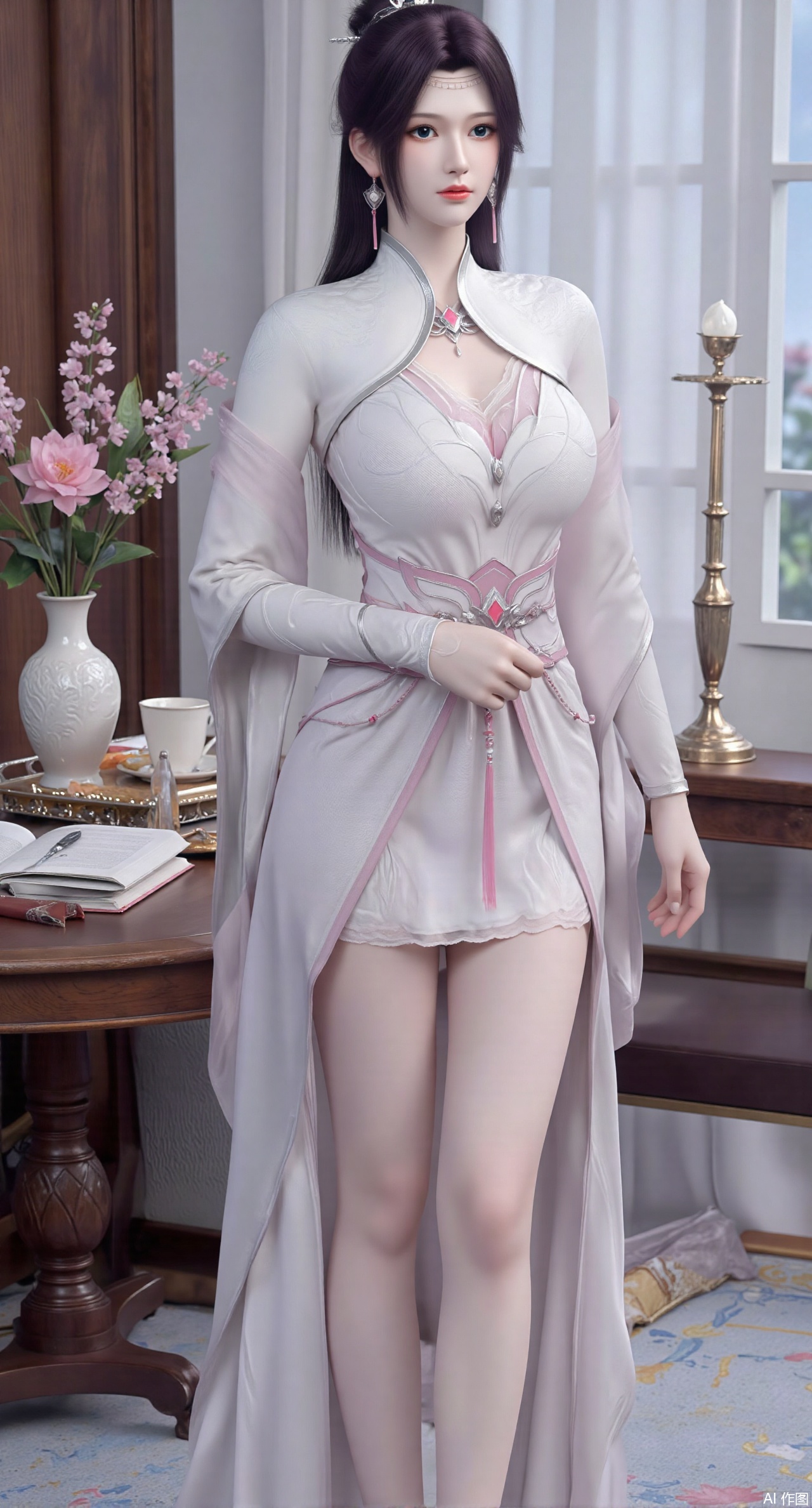  SFW,(masterpiece:1.2),best quality,Ultra clear, wallpaper, 8k, masterpiece, 1girl, solo, long hair, breasts, looking at viewer, bangs, large breasts,long dress,, bare shoulders, jewelry, black hair, standing, purple eyes, full body, flower, thighs, indoors, hair bun, long dress, high heels, cup, see-through, book, bare legs, window, table, white footwear, standing on one leg, curtains, pink flower, side slit, vase, ,(huge breasts:2.99),(full breasts:2.99),(pink lotus flowers:1.39),,Xanmiaoyi,Xyunwangshu,XlishaoyinY,Xbaixue,XanmiaoyiY,Xxiuqiuhua,XbaiyuerongY,XyunyunX,XqingnvzongZM,Xjuzi,Xshangguanweier,XanmiaoyiXY,XyunyunXY