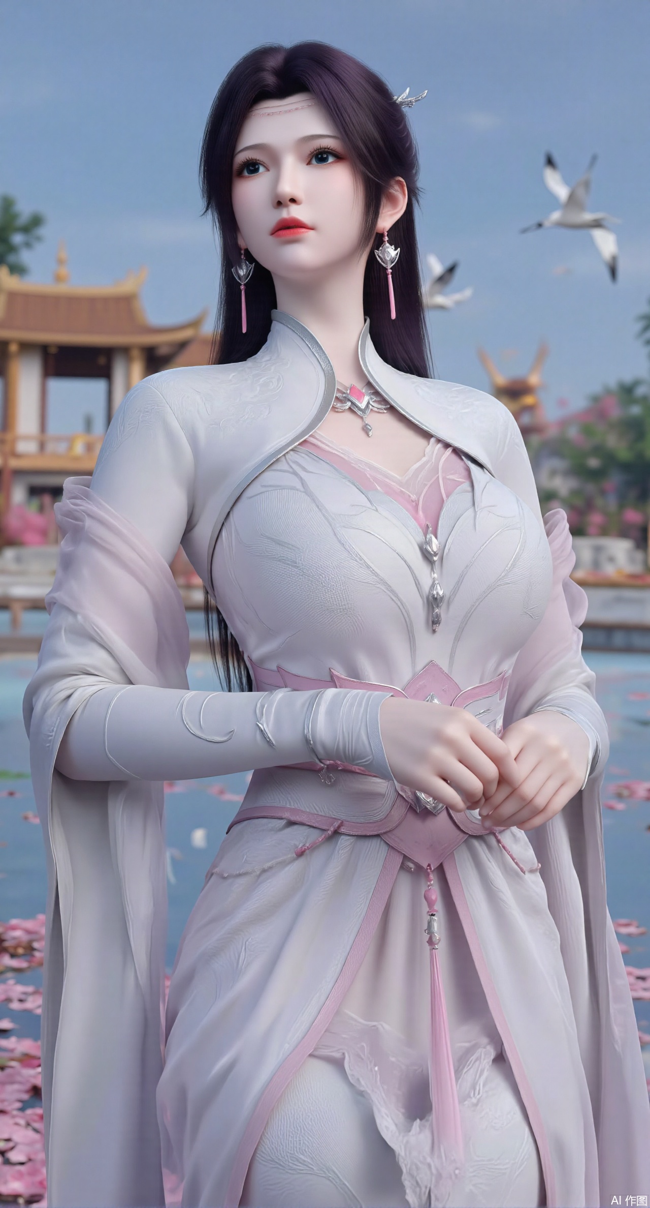  SFW,(masterpiece:1.2),best quality,1girl,solo,long hair,long dress,celestial maiden in flowing tulle gown levitates above lotus pond, ethereal mist trails from hair ribbons, mythical Penglai paradise emerges through clouds with glowing pavilions, translucent bioluminescent lotus blooms, flock of cranes gliding over water surface, ultra HD with soft 3D rendering, morning light filters through mist, falling petal rain, intricate details on scale-patterned fabric and lotus veins.(huge breasts:2.99),(full breasts:2.99),Xzhihua,Xsiyouyou,Xyanruyu,Xmoxiaonan,Xyeqingxian,Xyunwangshu,XlishaoyinY,Xxiaowu,Xyusanniang,XhuolingerHHY,Xwangqiuer,Xxuenv,XfuquY,XanmiaoyiXY,XyunyunX,Xhuangnv,XyunyunXY