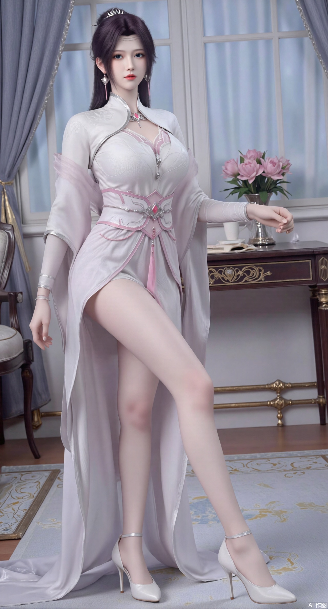  SFW,(masterpiece:1.2),best quality,Ultra clear, wallpaper, 8k, masterpiece, 1girl, solo, long hair, breasts, looking at viewer, bangs, large breasts,long dress,, bare shoulders, jewelry, black hair, standing, purple eyes, full body, flower, thighs, indoors, hair bun, long dress, high heels, cup, see-through, book, bare legs, window, table, white footwear, standing on one leg, curtains, pink flower, side slit, vase, ,(huge breasts:2.99),(full breasts:2.99),(pink lotus flowers:1.39),,Xanmiaoyi,Xyunwangshu,XlishaoyinY,Xbaixue,XanmiaoyiY,Xxiuqiuhua,XbaiyuerongY,XyunyunX,XqingnvzongZM,Xjuzi,Xshangguanweier,XanmiaoyiXY,XyunyunXY