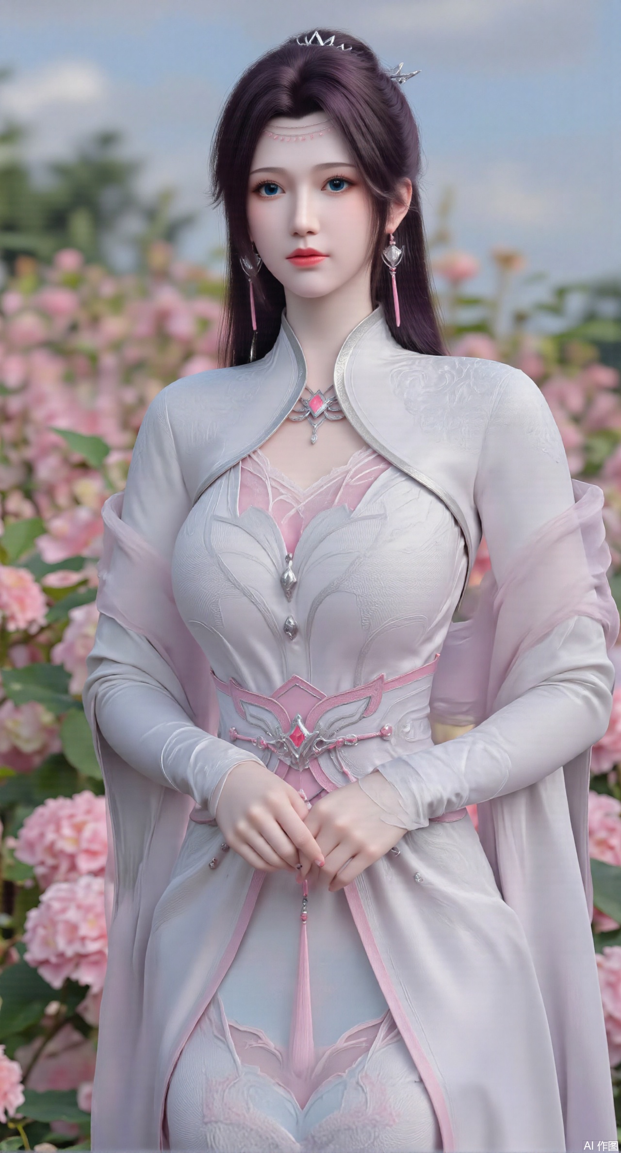  SFW,(masterpiece:1.2),best quality,absurdres,masterpiece,original,extremely detailed wallpaper,perfect lighting,1girl,solo,looking at viewer,(cowboy_shot:1.3),long hair,high heels,blurry background,depth of field,motion blur,(long dress:1.23),china_dress,chinese_style,bare shouders,crystal_earrings,headpiece,hair_tie,chest_jewel,gem,necklace,jewelry,in summer,day,outdoors,nature,garden,,(standing,Hydrangea, Hydrangea Field:1.69),(huge breasts:2.99),(full breasts:2.99),Xzhihua,Xsiyouyou,Xyanruyu,Xmoxiaonan,Xyeqingxian,Xyunwangshu,XlishaoyinY,Xxiaowu,Xyusanniang,XhuolingerHHY,Xwangqiuer,Xxuenv,XyunyunX,XqingnvzongZM,Xshangguanweier,XanmiaoyiXY,Xaichen,Xhuanlingwang,XyunyunXY