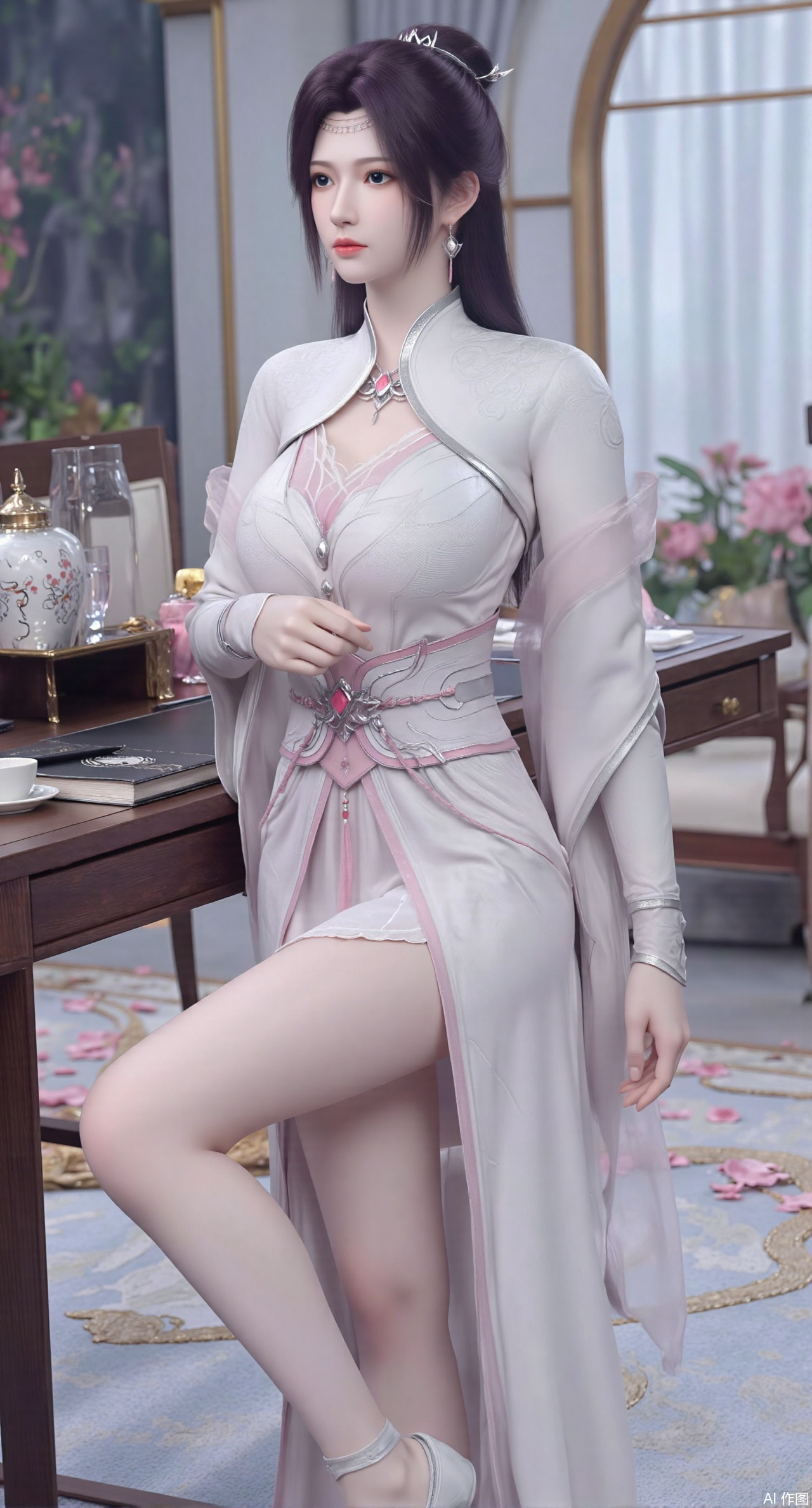  SFW,(masterpiece:1.2),best quality,Ultra clear, wallpaper, 8k, masterpiece, 1girl, solo, long hair, breasts, looking at viewer, bangs, large breasts,long dress,, bare shoulders, jewelry, black hair, standing, purple eyes, full body, flower, thighs, indoors, hair bun, long dress, high heels, cup, see-through, book, bare legs, window, table, white footwear, standing on one leg, curtains, pink flower, side slit, vase, ,(huge breasts:2.99),(full breasts:2.99),(pink lotus flowers:1.39),,Xanmiaoyi,Xyunwangshu,XlishaoyinY,Xbaixue,XanmiaoyiY,Xxiuqiuhua,XbaiyuerongY,XyunyunX,XqingnvzongZM,Xjuzi,Xshangguanweier,XanmiaoyiXY,XyunyunXY