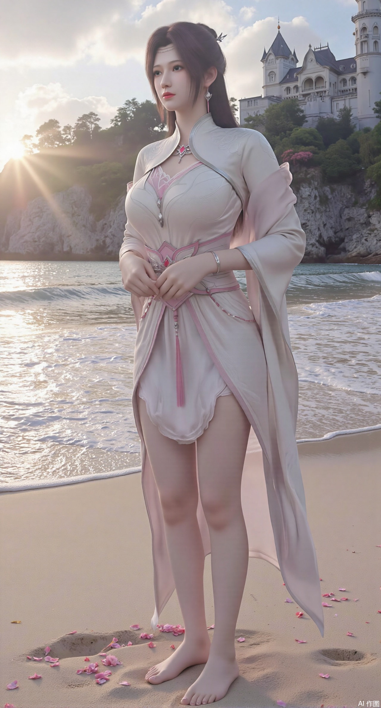  SFW,(masterpiece:1.2),best quality,A young woman in embroidered qipao standing barefoot on golden sandy beach, colorful flowers around feet, ocean waves washing over feet, white medieval castle with pointed towers resembling Neuschwanstein Castle perched on steep cliff in background, golden sunset rays piercing through clouds, ultra-wide angle composition with detailed foreground sand textures, dynamic mid-shot of figure interacting with waves, three-dimensional castle structure in background, high saturation colors, 8K resolution, precise depth of field control, HDR lighting, surreal elements blended with photorealistic details, realistic water reflections, intricate silk fabric texture, castle floating in mist atmosphere,(huge breasts:2.99),(full breasts:2.99),Xanmiaoyi,Xyunwangshu,XlishaoyinY,Xbaixue,XanmiaoyiY,Xxiuqiuhua,XbaiyuerongY,XyunyunX,XqingnvzongZM,Xjuzi,Xshangguanweier,XanmiaoyiXY,XyunyunXY