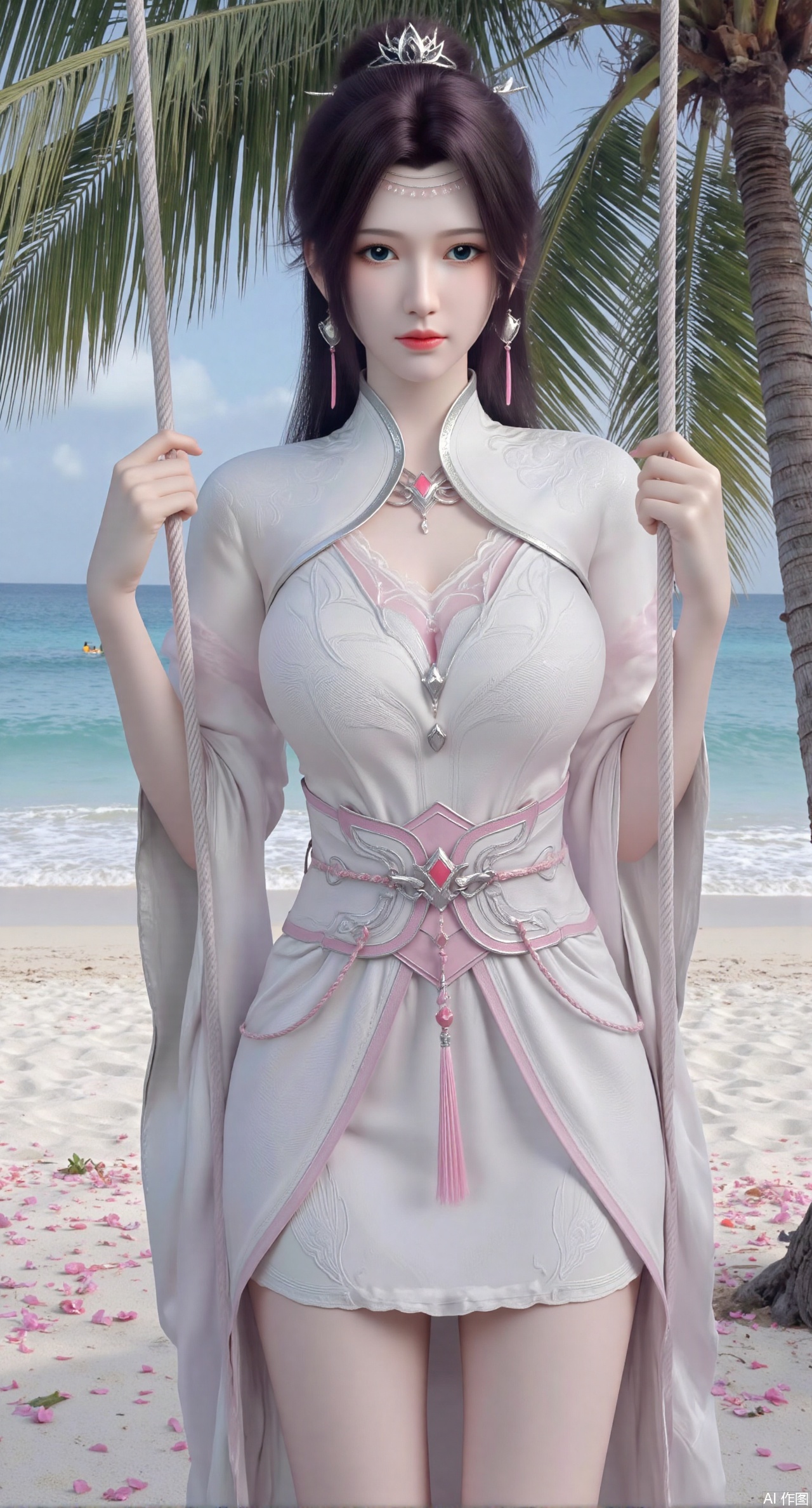  SFW,(masterpiece:1.2),best quality,absurdres,masterpiece,original,extremely detailed wallpaper,perfect lighting,Golden sandy beach covered with vibrant flowers, turquoise waves gently lapping the shore, elegant woman in embroidered qipao swinging on a wooden swing under coconut trees, bright flower clusters spreading from sand to palm tree roots, soft natural light filtering through coconut leaves, ocean breeze lifting hair and qipao hem, high-resolution details showcasing petal textures and silk fabric sheen, ultra-wide angle lens capturing coastline panorama, cinematic color grading with soft focus on the central figure,(huge breasts:2.99),(full breasts:2.99),Xanmiaoyi,Xyunwangshu,XlishaoyinY,Xbaixue,XanmiaoyiY,Xxiuqiuhua,XbaiyuerongY,XyunyunX,XqingnvzongZM,Xjuzi,Xshangguanweier,XanmiaoyiXY,XyunyunXY