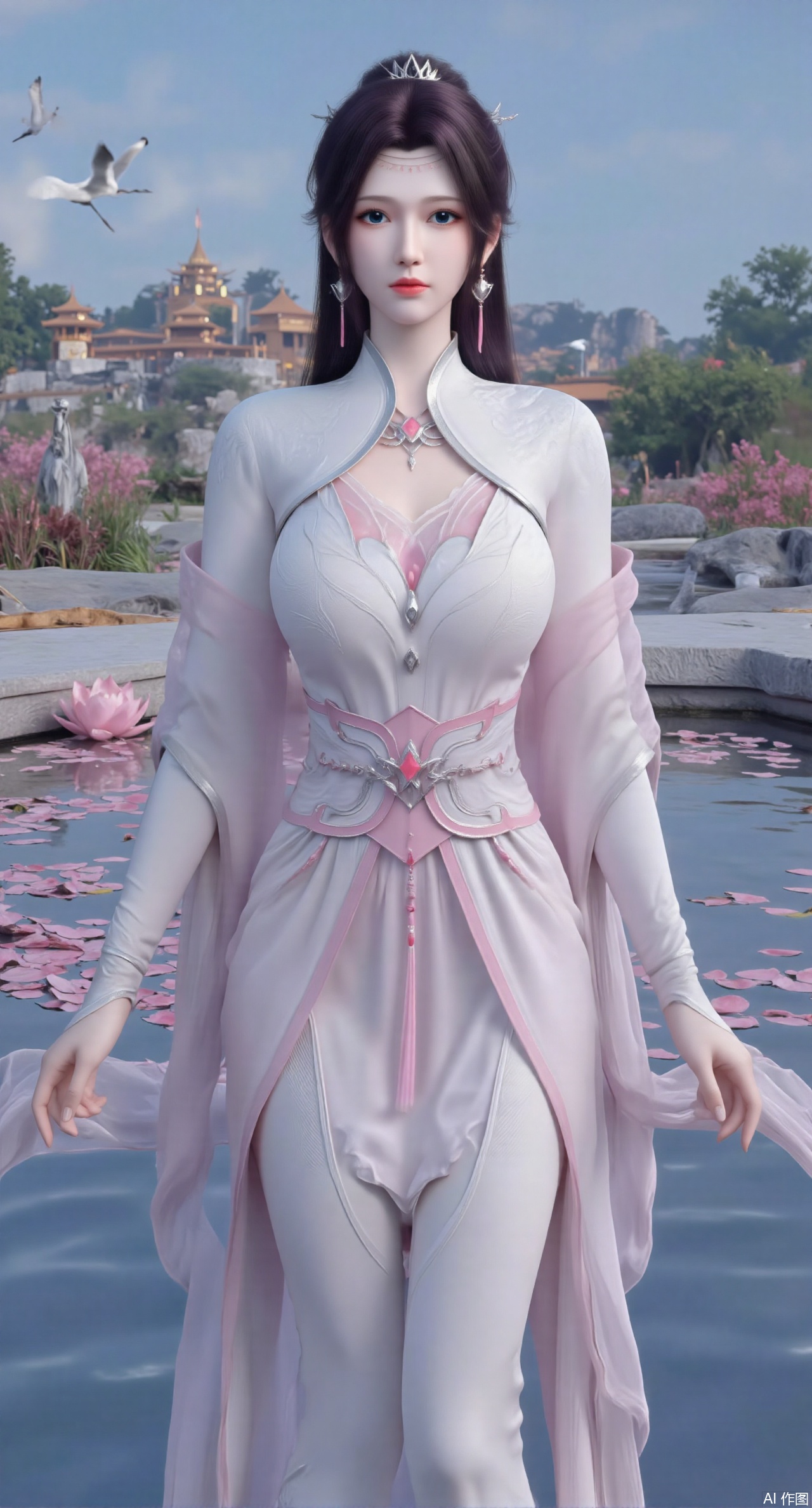  SFW,(masterpiece:1.2),best quality,1girl,solo,long hair,long dress,celestial maiden in flowing tulle gown levitates above lotus pond, ethereal mist trails from hair ribbons, mythical Penglai paradise emerges through clouds with glowing pavilions, translucent bioluminescent lotus blooms, flock of cranes gliding over water surface, ultra HD with soft 3D rendering, morning light filters through mist, falling petal rain, intricate details on scale-patterned fabric and lotus veins.(huge breasts:2.99),(full breasts:2.99),Xzhihua,Xsiyouyou,Xyanruyu,Xmoxiaonan,Xyeqingxian,Xyunwangshu,XlishaoyinY,Xxiaowu,Xyusanniang,XhuolingerHHY,Xwangqiuer,Xxuenv,XfuquY,XanmiaoyiXY,XyunyunX,Xhuangnv,XyunyunXY