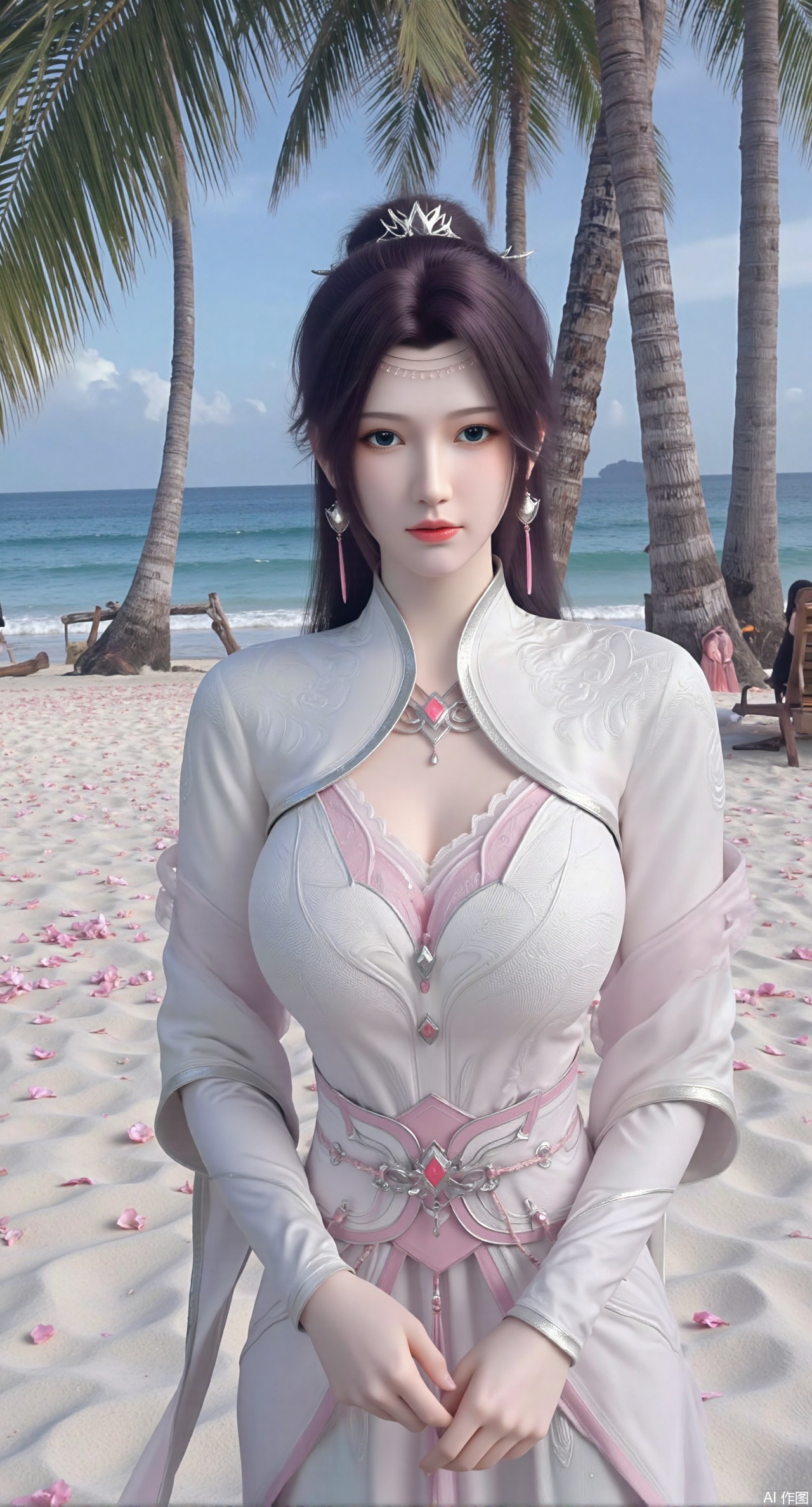  SFW,(masterpiece:1.2),best quality,absurdres,masterpiece,original,extremely detailed wallpaper,perfect lighting,Golden sandy beach covered with vibrant flowers, turquoise waves gently lapping the shore, elegant woman in embroidered qipao swinging on a wooden swing under coconut trees, bright flower clusters spreading from sand to palm tree roots, soft natural light filtering through coconut leaves, ocean breeze lifting hair and qipao hem, high-resolution details showcasing petal textures and silk fabric sheen, ultra-wide angle lens capturing coastline panorama, cinematic color grading with soft focus on the central figure,(huge breasts:2.99),(full breasts:2.99),Xanmiaoyi,Xyunwangshu,XlishaoyinY,Xbaixue,XanmiaoyiY,Xxiuqiuhua,XbaiyuerongY,XyunyunX,XqingnvzongZM,Xjuzi,Xshangguanweier,XanmiaoyiXY,XyunyunXY
