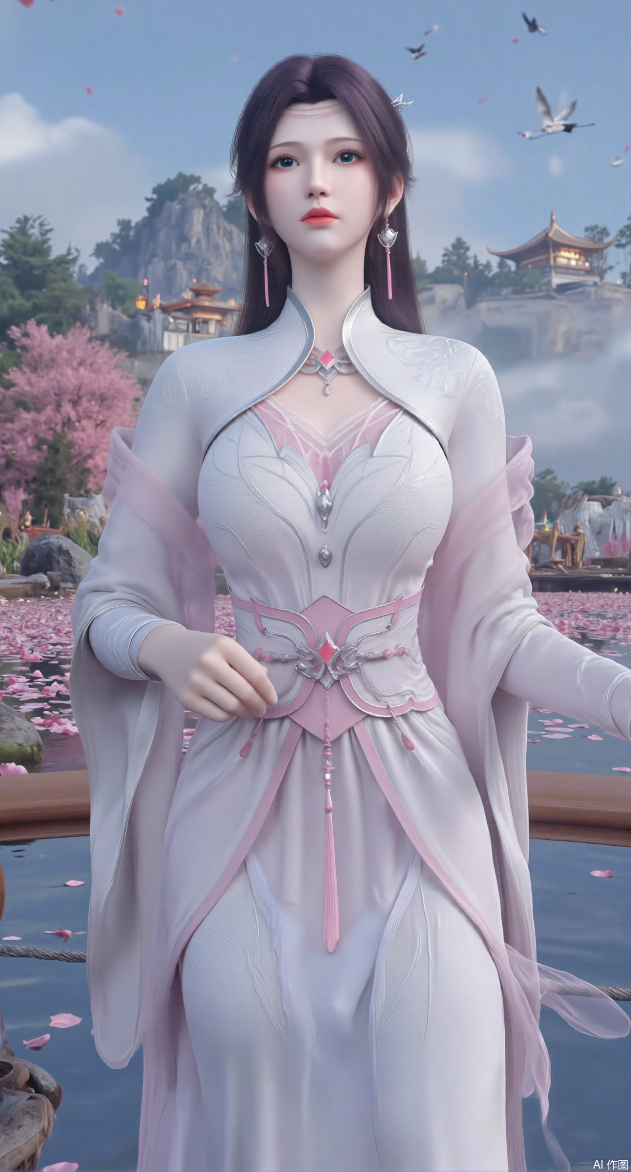  SFW,(masterpiece:1.2),best quality,1girl,solo,long hair,long dress,celestial maiden in flowing tulle gown levitates above lotus pond, ethereal mist trails from hair ribbons, mythical Penglai paradise emerges through clouds with glowing pavilions, translucent bioluminescent lotus blooms, flock of cranes gliding over water surface, ultra HD with soft 3D rendering, morning light filters through mist, falling petal rain, intricate details on scale-patterned fabric and lotus veins.(huge breasts:2.99),(full breasts:2.99),Xzhihua,Xsiyouyou,Xyanruyu,Xmoxiaonan,Xyeqingxian,Xyunwangshu,XlishaoyinY,Xxiaowu,Xyusanniang,XhuolingerHHY,Xwangqiuer,Xxuenv,XfuquY,XanmiaoyiXY,XyunyunX,Xhuangnv,XyunyunXY