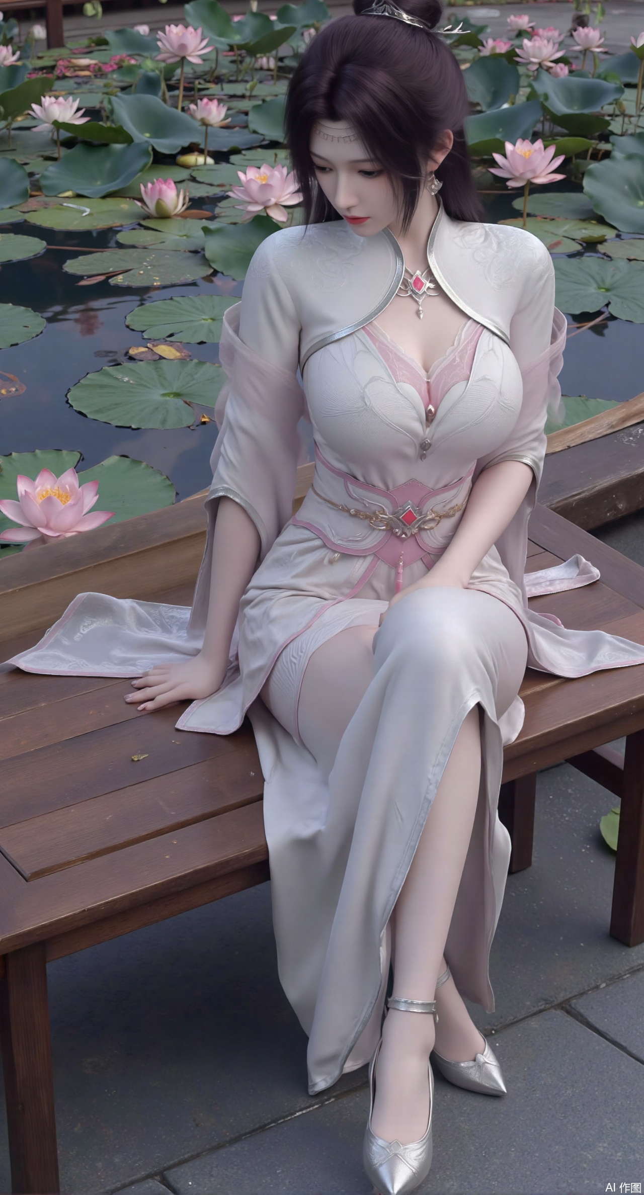  SFW,(masterpiece:1.2),best quality,The image is a digital illustration of a young woman sitting on a wooden bench in a pond with lily pads. She is wearing a long dress with design on the chest and sleeves. The dress has a high neckline and short sleeves,Holding a lotus in hand. She has long dark hair styled in loose waves and is wearing gold high heels. The woman is posing with one hand on her hip and the other resting on the edge of the bench. The background is filled with pink and white lotus flowers and green leaves. The overall mood of the image is peaceful and serene,(huge breasts:2.99),(full breasts:2.99),(Background with traditional Chinese architecture, lotus pond and pink lotus flowers:1.39),Xanmiaoyi,Xyunwangshu,XlishaoyinY,Xbaixue,XanmiaoyiY,Xxiuqiuhua,XbaiyuerongY,XyunyunX,XqingnvzongZM,Xjuzi,Xshangguanweier,XanmiaoyiXY,XyunyunXY