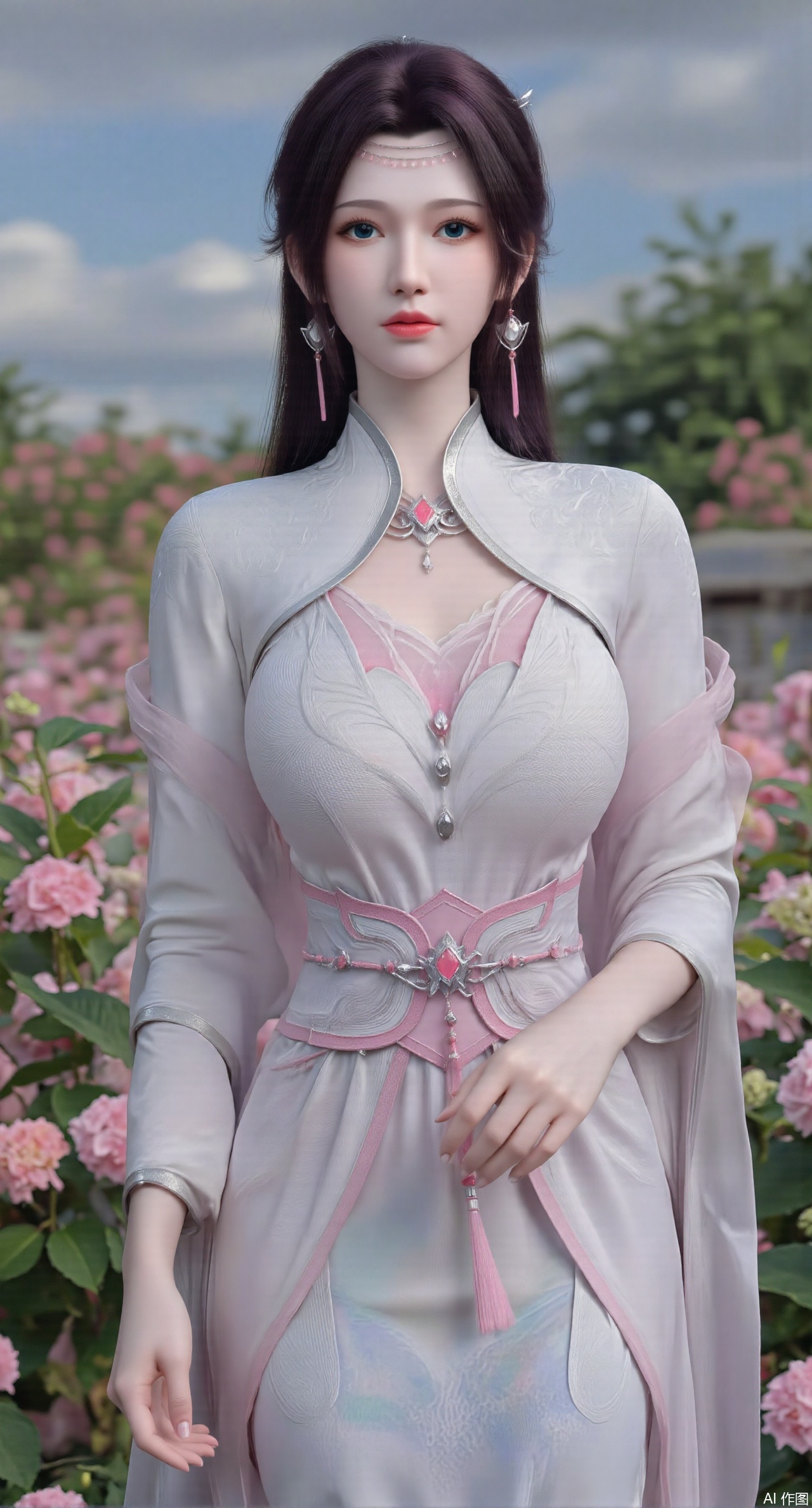  SFW,(masterpiece:1.2),best quality,absurdres,masterpiece,original,extremely detailed wallpaper,perfect lighting,1girl,solo,looking at viewer,(cowboy_shot:1.3),long hair,high heels,blurry background,depth of field,motion blur,(long dress:1.23),china_dress,chinese_style,bare shouders,crystal_earrings,headpiece,hair_tie,chest_jewel,gem,necklace,jewelry,in summer,day,outdoors,nature,garden,,(standing,Hydrangea, Hydrangea Field:1.69),(huge breasts:2.99),(full breasts:2.99),Xzhihua,Xsiyouyou,Xyanruyu,Xmoxiaonan,Xyeqingxian,Xyunwangshu,XlishaoyinY,Xxiaowu,Xyusanniang,XhuolingerHHY,Xwangqiuer,Xxuenv,XyunyunX,XqingnvzongZM,Xshangguanweier,XanmiaoyiXY,Xaichen,Xhuanlingwang,XyunyunXY