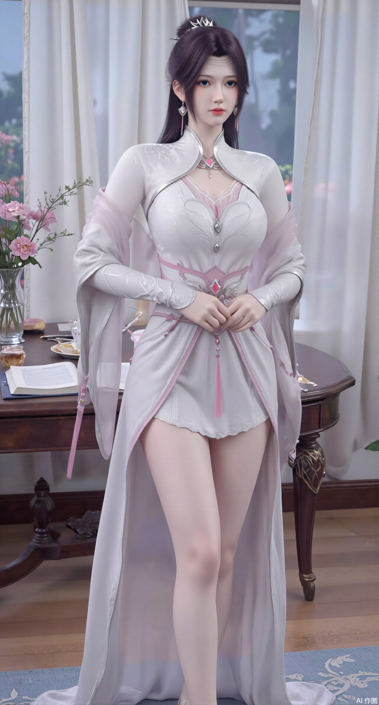  SFW,(masterpiece:1.2),best quality,Ultra clear, wallpaper, 8k, masterpiece, 1girl, solo, long hair, breasts, looking at viewer, bangs, large breasts,long dress,, bare shoulders, jewelry, black hair, standing, purple eyes, full body, flower, thighs, indoors, hair bun, long dress, high heels, cup, see-through, book, bare legs, window, table, white footwear, standing on one leg, curtains, pink flower, side slit, vase, ,Xanmiaoyi,Xyunwangshu,XlishaoyinY,Xbaixue,XanmiaoyiY,Xxiuqiuhua,XbaiyuerongY,XyunyunX,XqingnvzongZM,Xjuzi,Xshangguanweier,XanmiaoyiXY,XyunyunXY