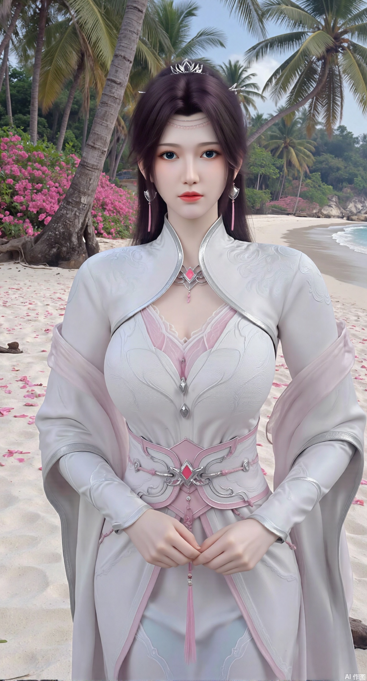  SFW,(masterpiece:1.2),best quality,absurdres,masterpiece,original,extremely detailed wallpaper,perfect lighting,Golden sandy beach covered with vibrant flowers, turquoise waves gently lapping the shore, elegant woman in embroidered qipao swinging on a wooden swing under coconut trees, bright flower clusters spreading from sand to palm tree roots, soft natural light filtering through coconut leaves, ocean breeze lifting hair and qipao hem, high-resolution details showcasing petal textures and silk fabric sheen, ultra-wide angle lens capturing coastline panorama, cinematic color grading with soft focus on the central figure,(huge breasts:2.99),(full breasts:2.99),Xanmiaoyi,Xyunwangshu,XlishaoyinY,Xbaixue,XanmiaoyiY,Xxiuqiuhua,XbaiyuerongY,XyunyunX,XqingnvzongZM,Xjuzi,Xshangguanweier,XanmiaoyiXY,XyunyunXY